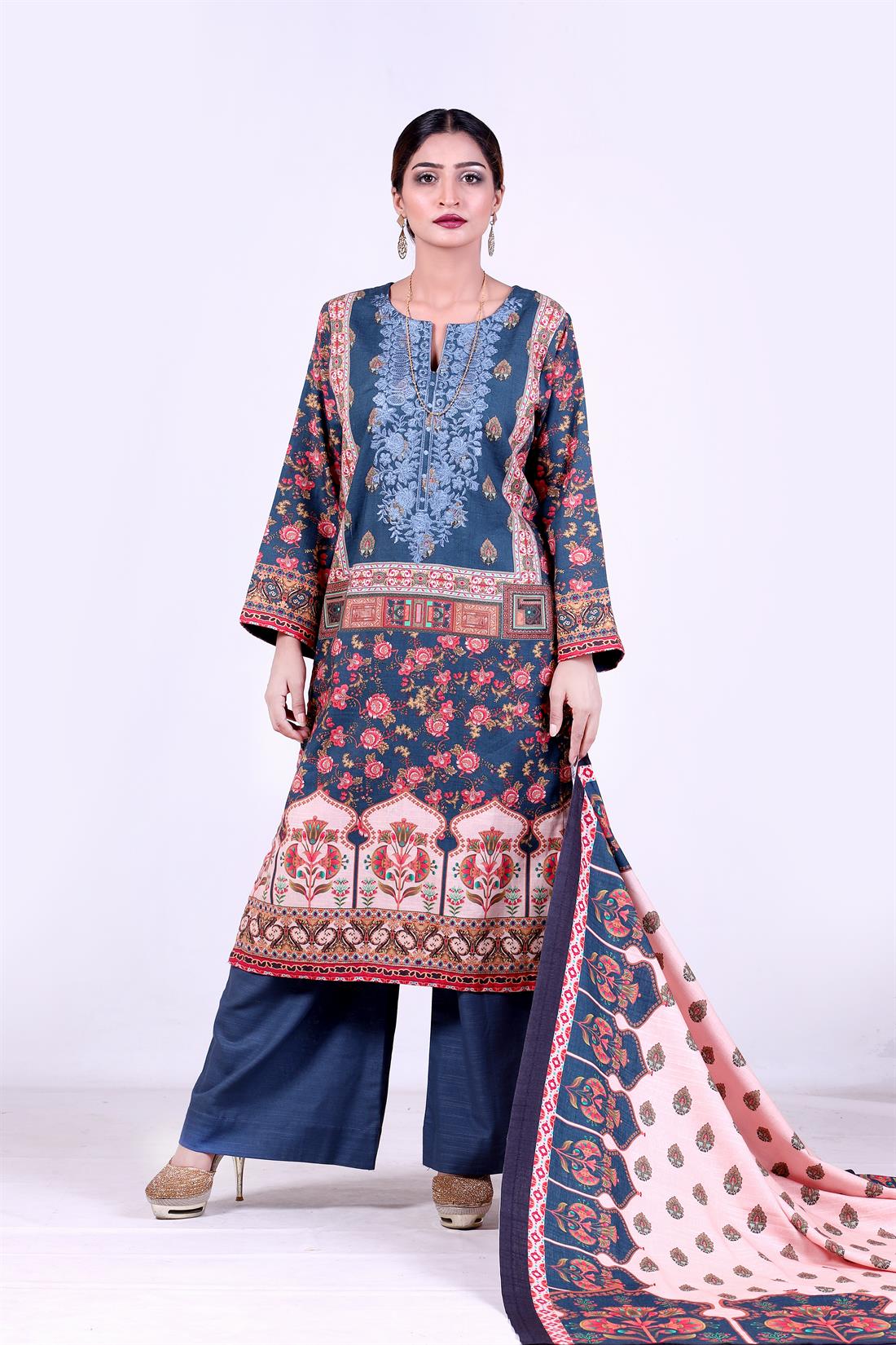 Zinc Khaddar Embroidered 3 Piece Kameez with Shawl & Palazzo