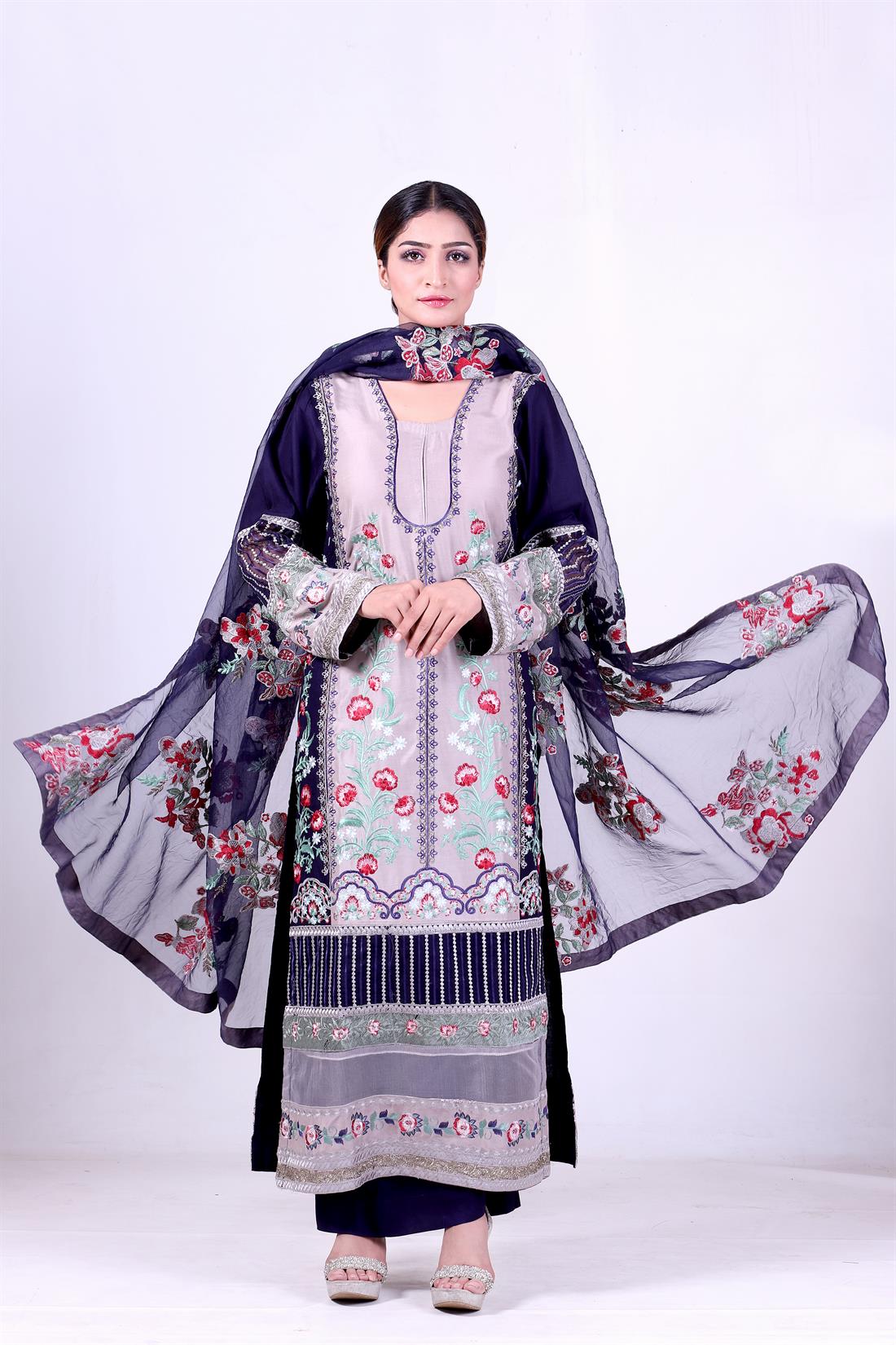 Grey & Navy Organza Grey/Navy 3 Piece Embroidered Kameez & Linen Trouser