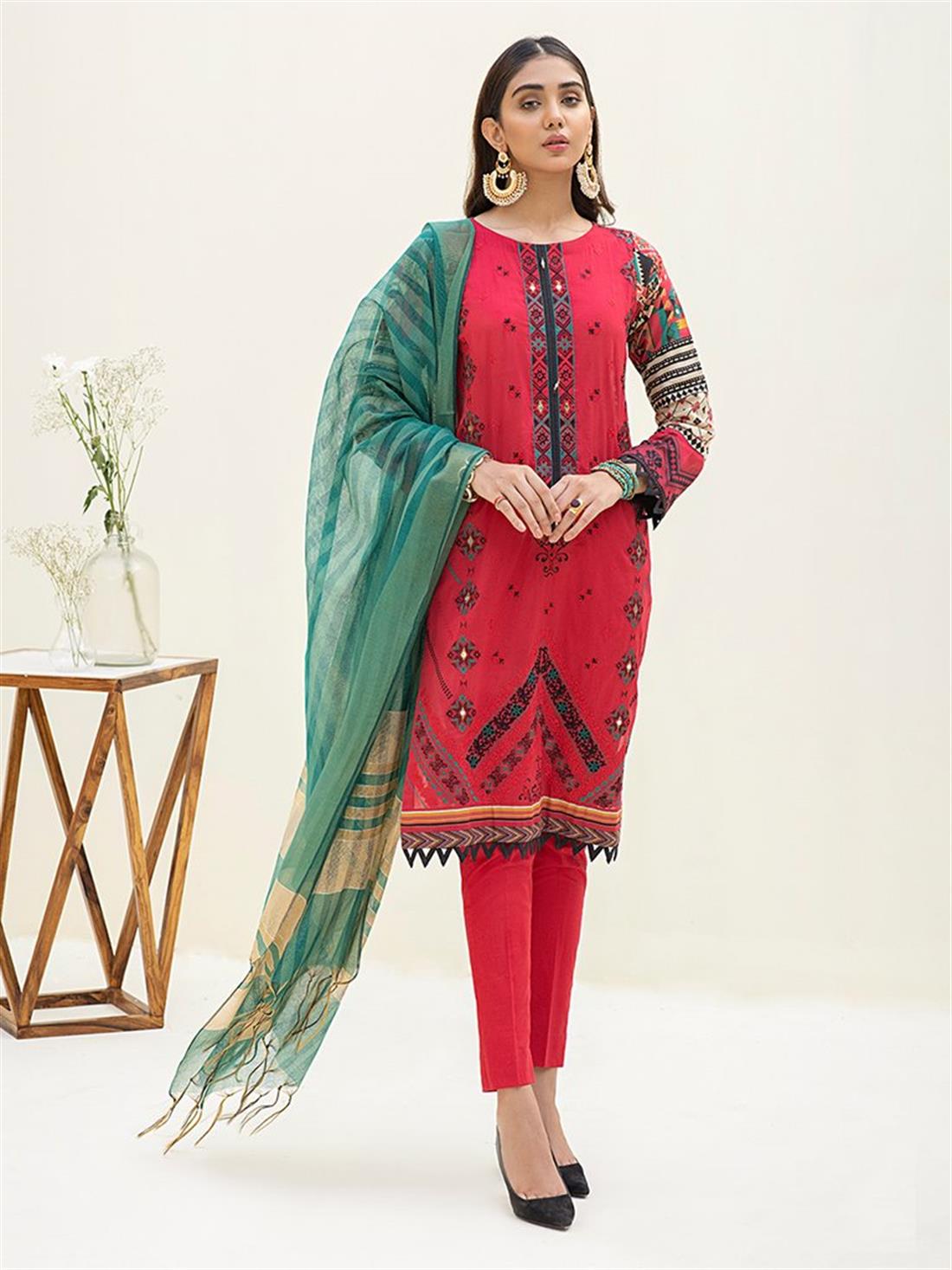 Pinkish Red Embroidered Organza Ladies Readymade