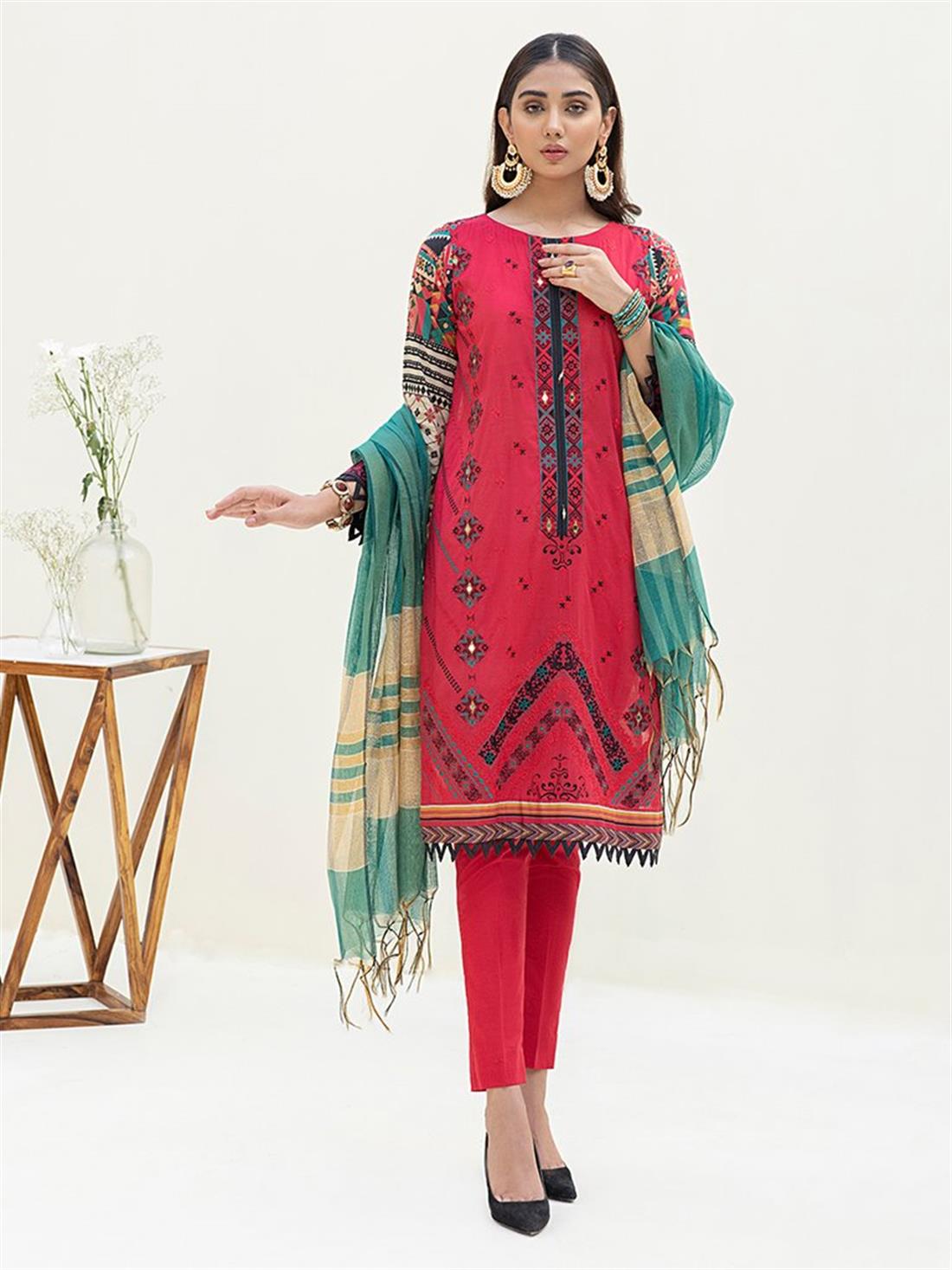 Pinkish Red Embroidered Organza Ladies Readymade