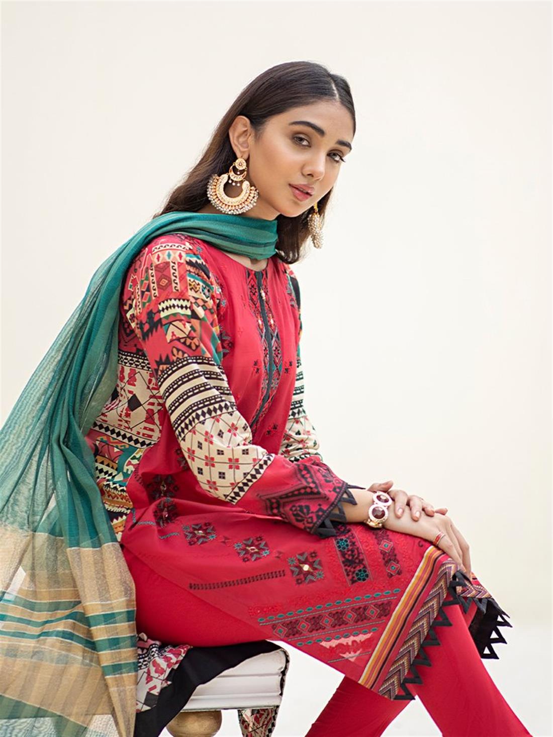 Pinkish Red Embroidered Organza Ladies Readymade