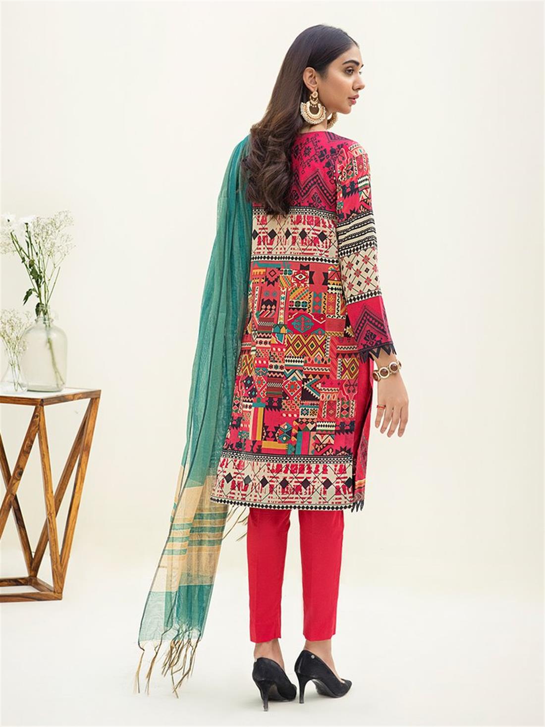 Pinkish Red Embroidered Organza Ladies Readymade