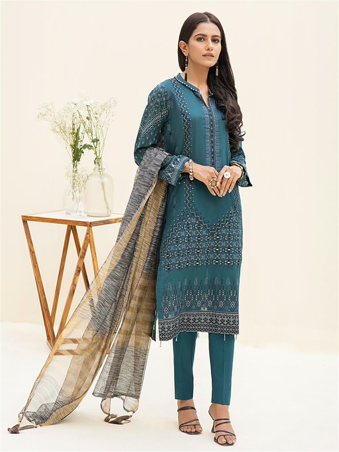 Teal Embroidered Organza Ladies Readymade