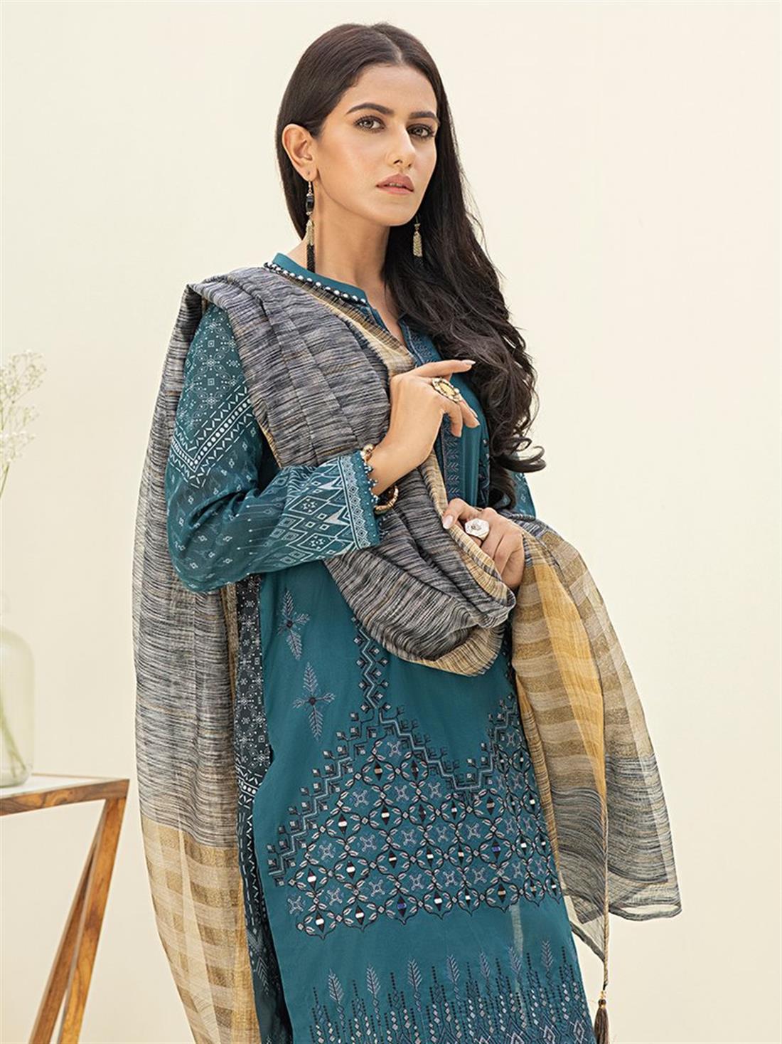 Teal Embroidered Organza Ladies Readymade