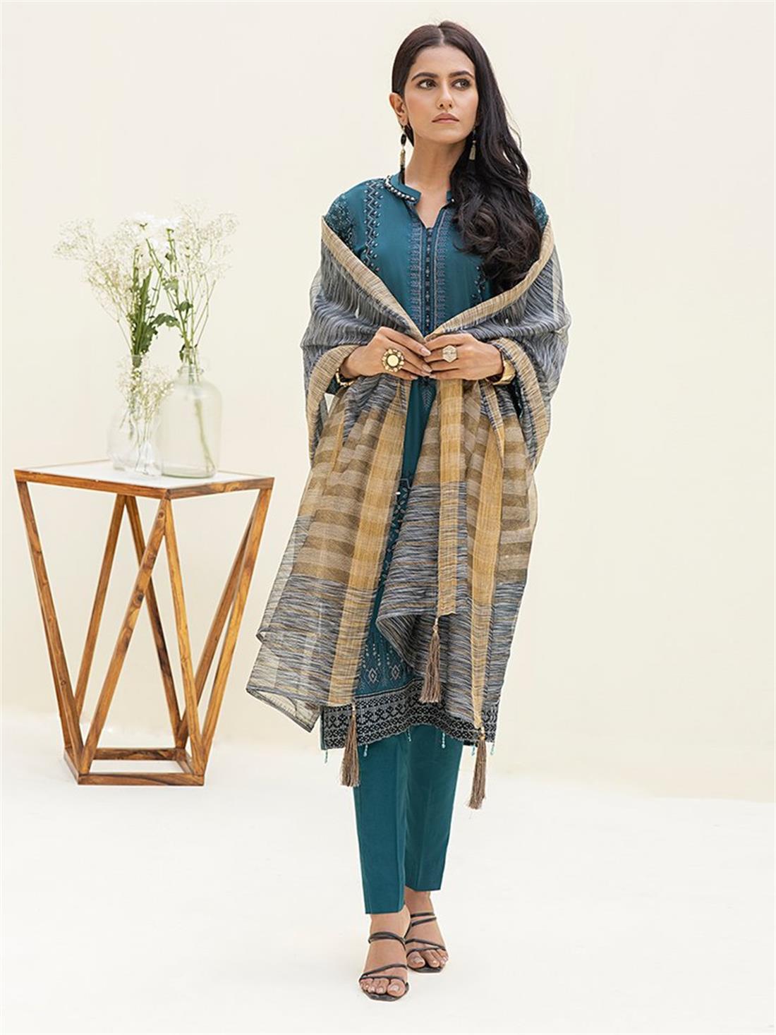 Teal Embroidered Organza Ladies Readymade