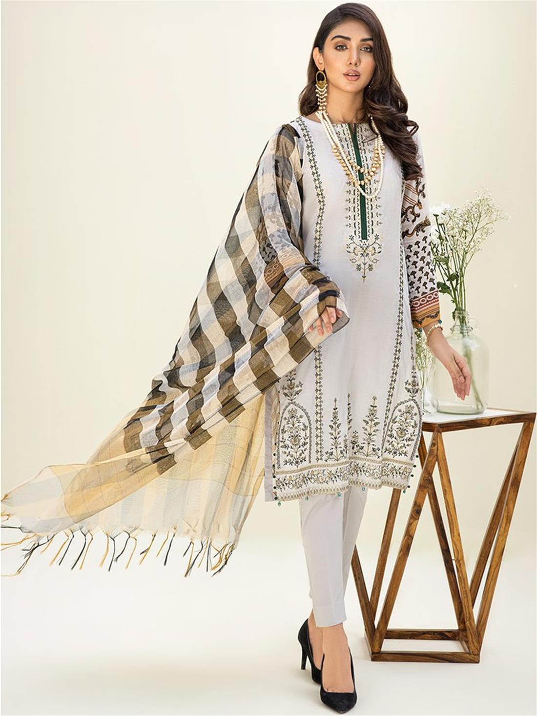Ash White Embroidered Organza Ladies Readymade