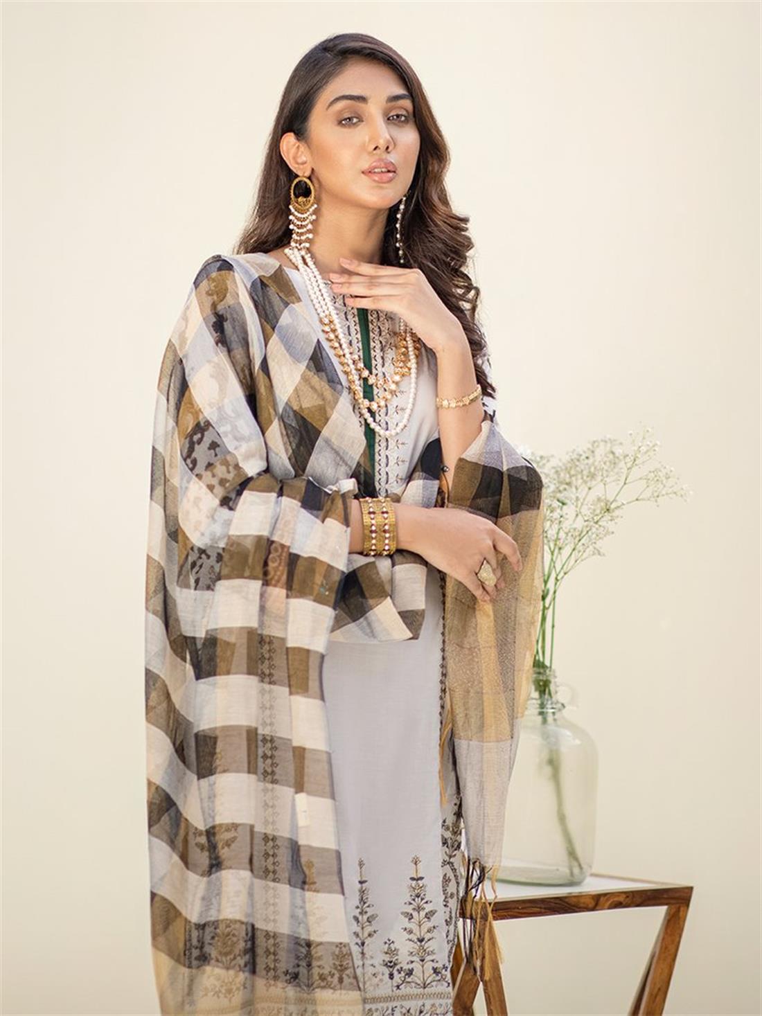 Ash White Embroidered Organza Ladies Readymade