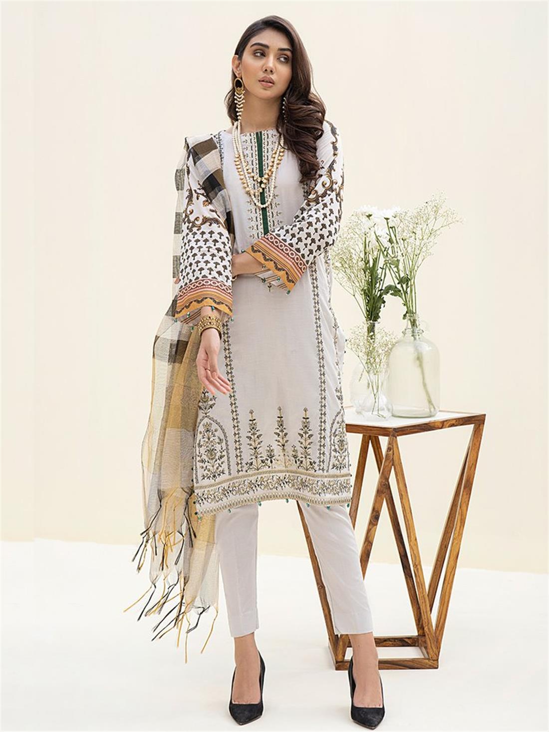Ash White Embroidered Organza Ladies Readymade