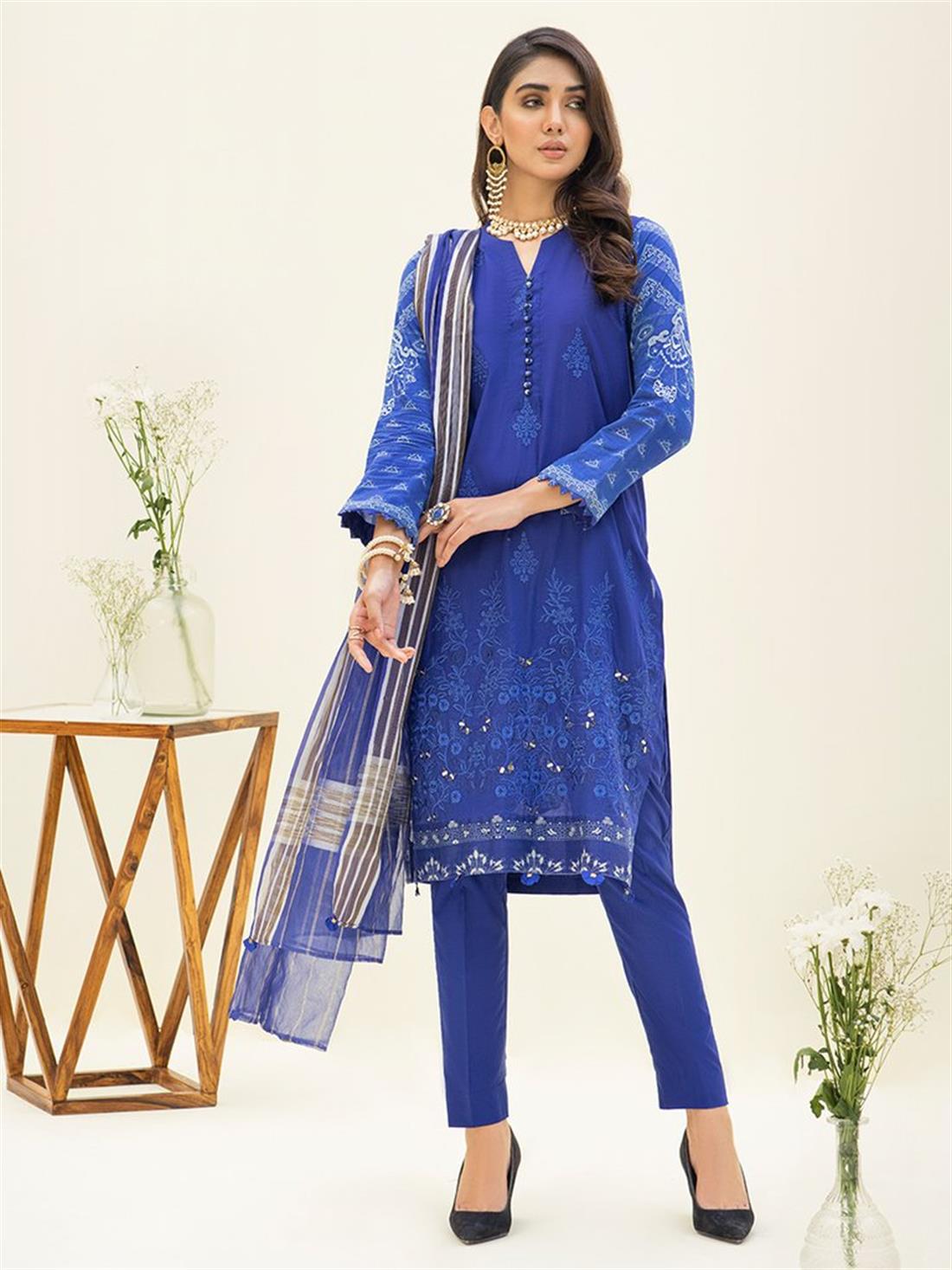 Royal Blue Embroidered Organza Ladies Readymade