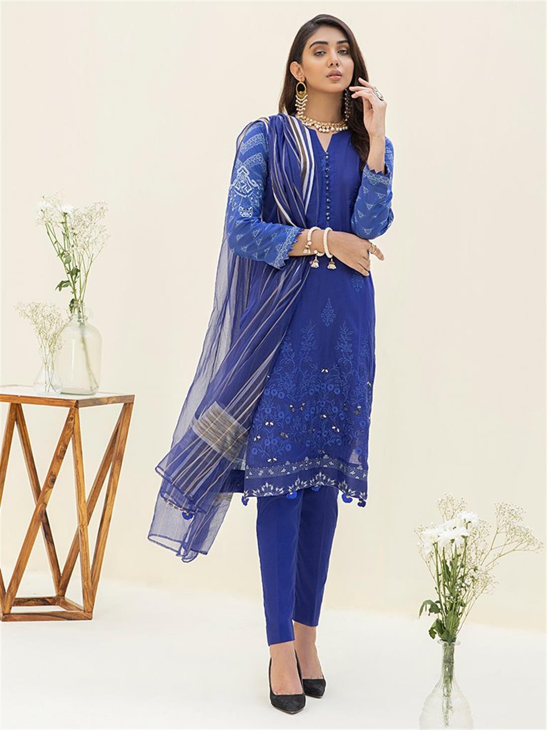 Royal Blue Embroidered Organza Ladies Readymade