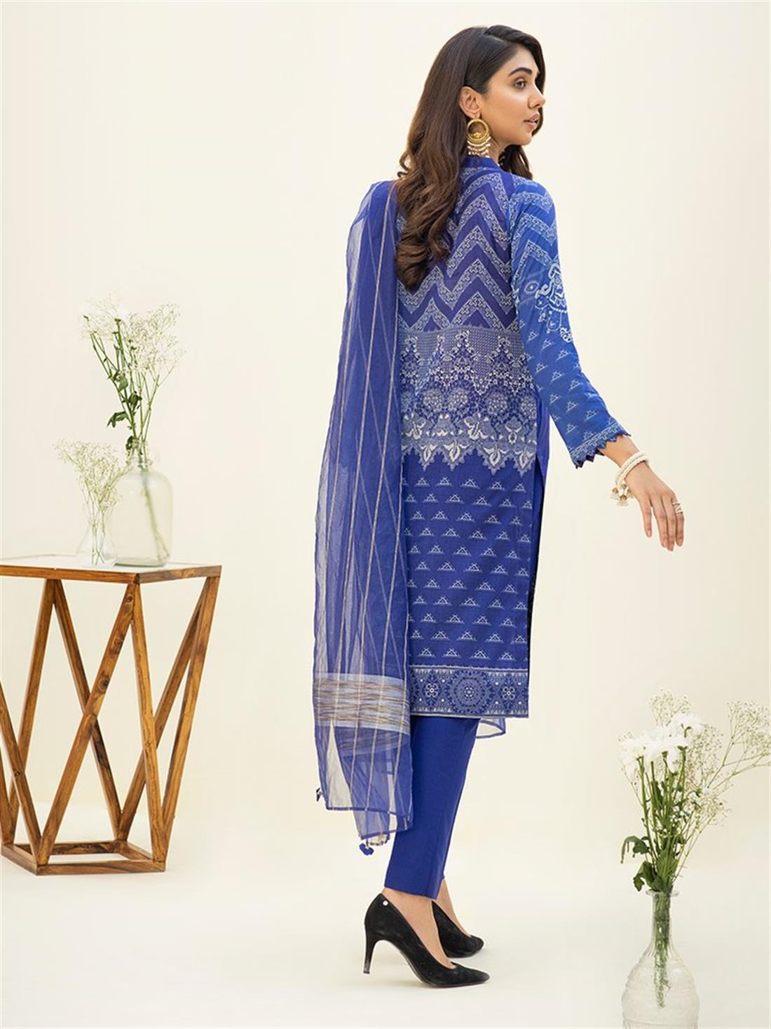Royal Blue Embroidered Organza Ladies Readymade