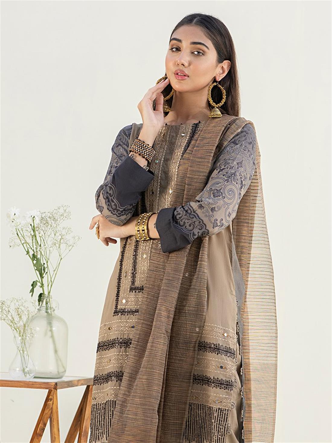 Light Brown Sequinned Organza Ladies Readymade