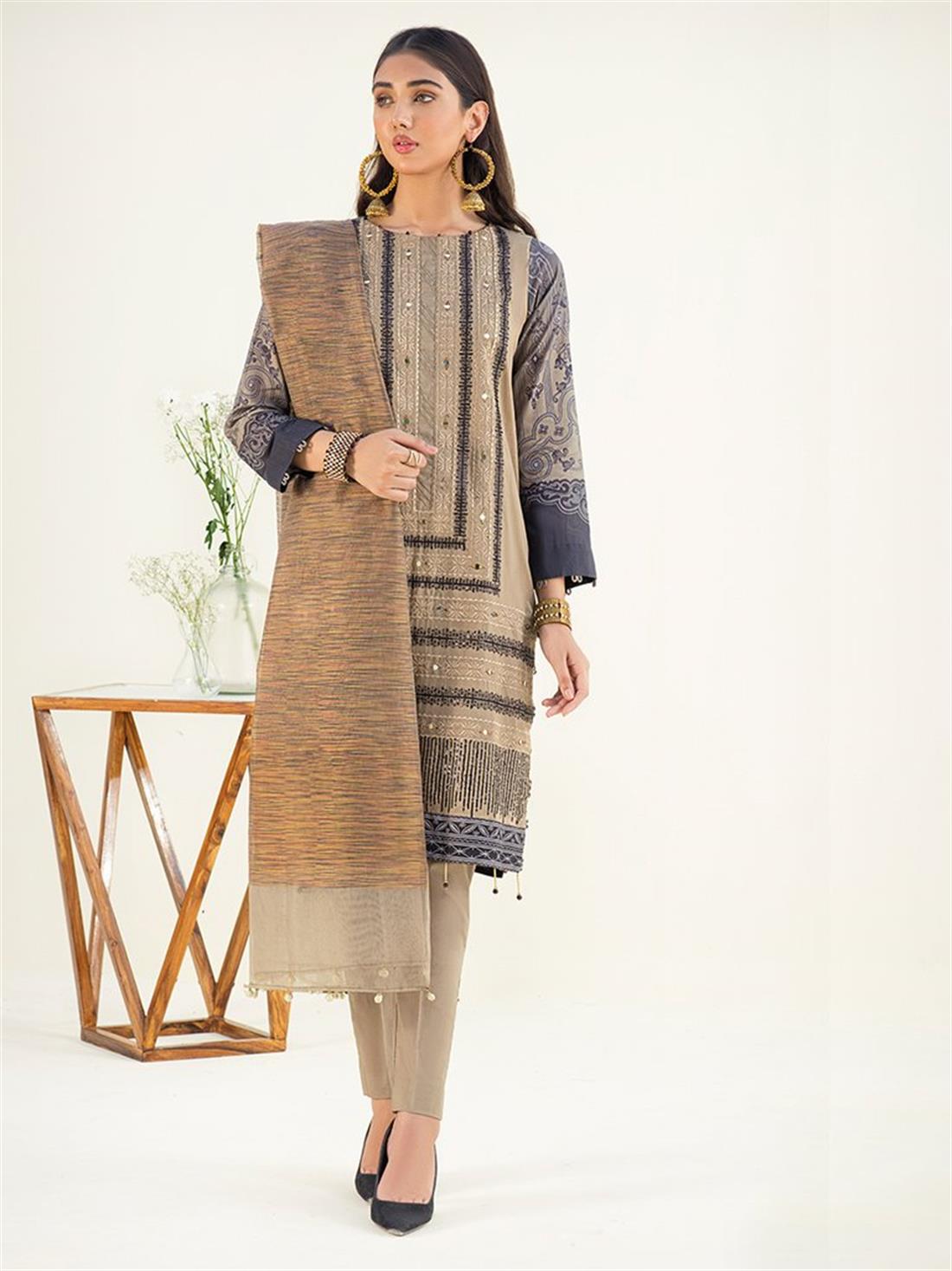 Light Brown Sequinned Organza Ladies Readymade
