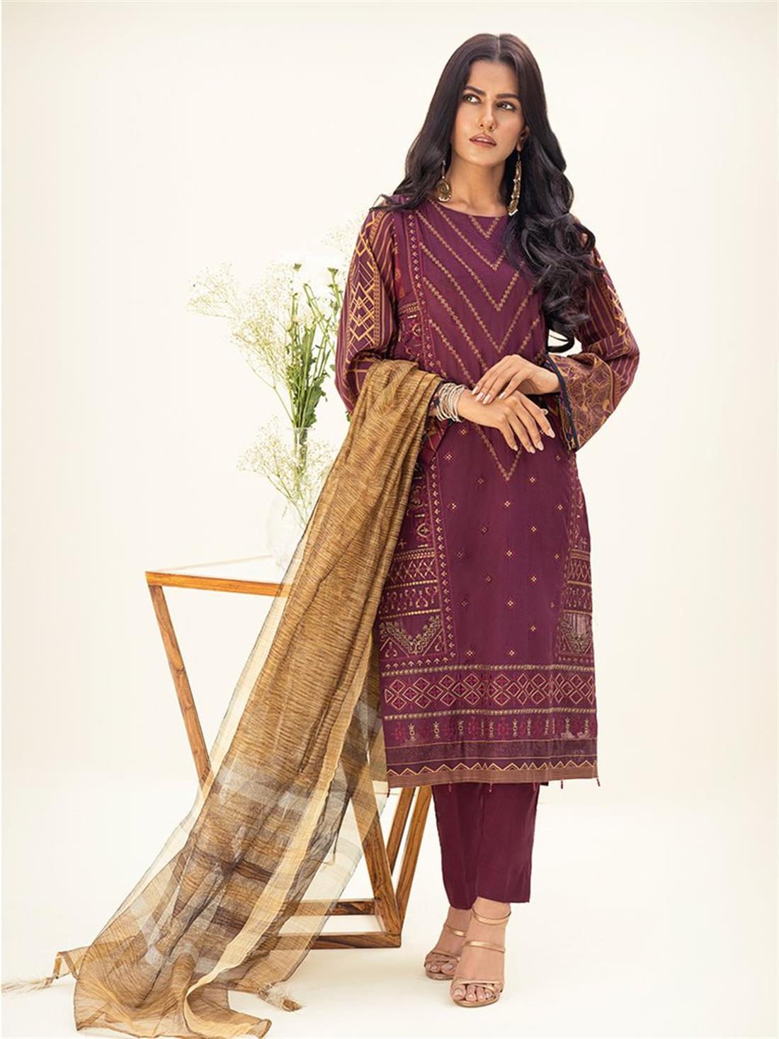 Maroon Embroidered Organza Ladies Readymade