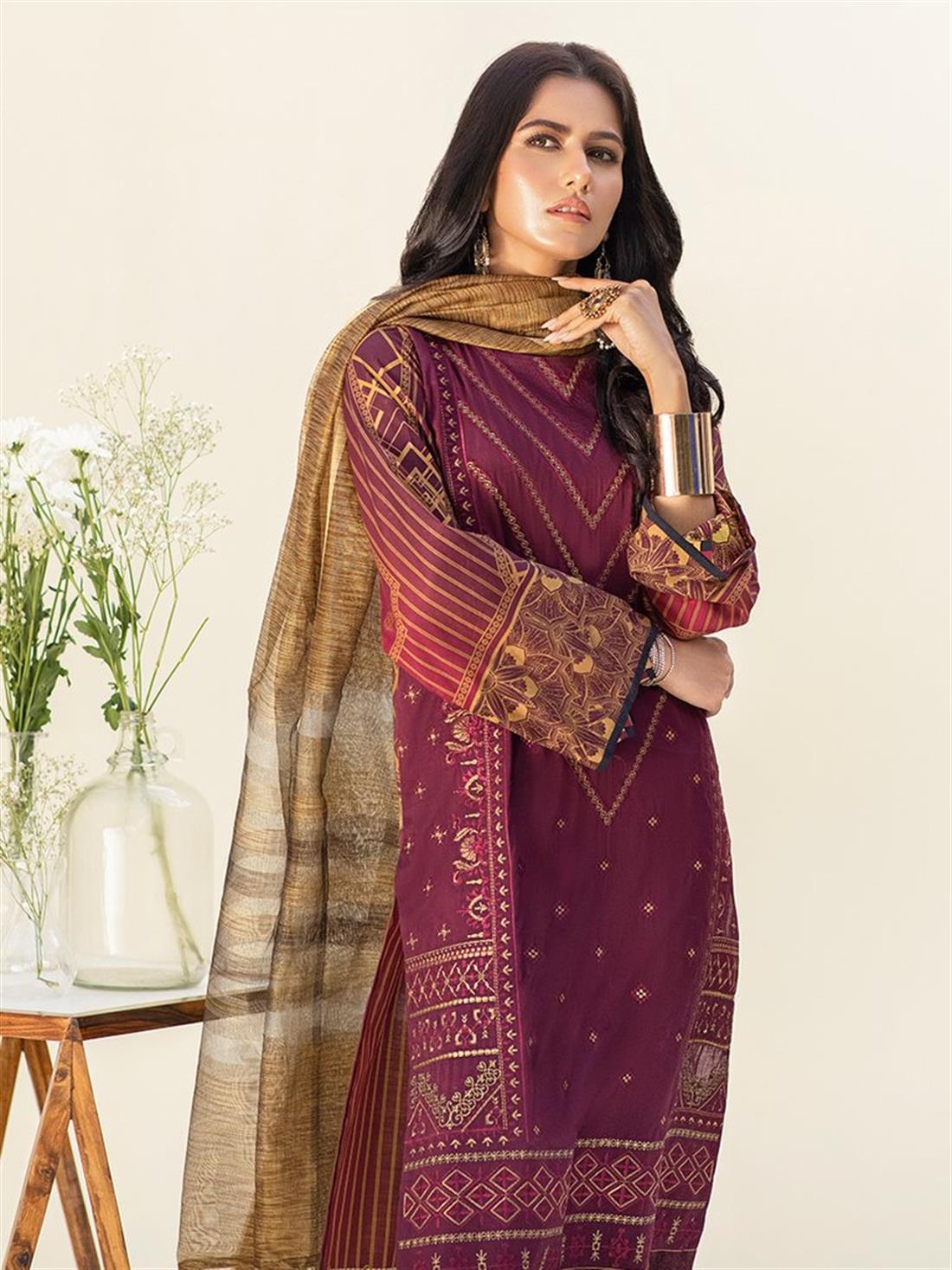 Maroon Embroidered Organza Ladies Readymade