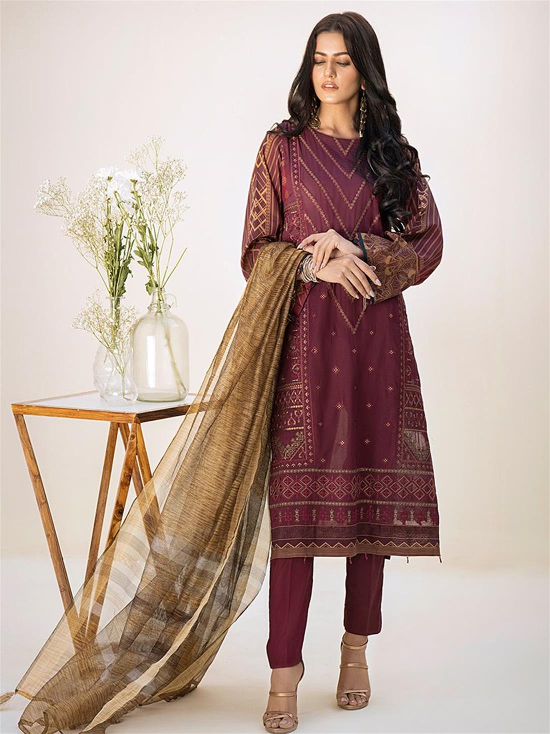 Maroon Embroidered Organza Ladies Readymade