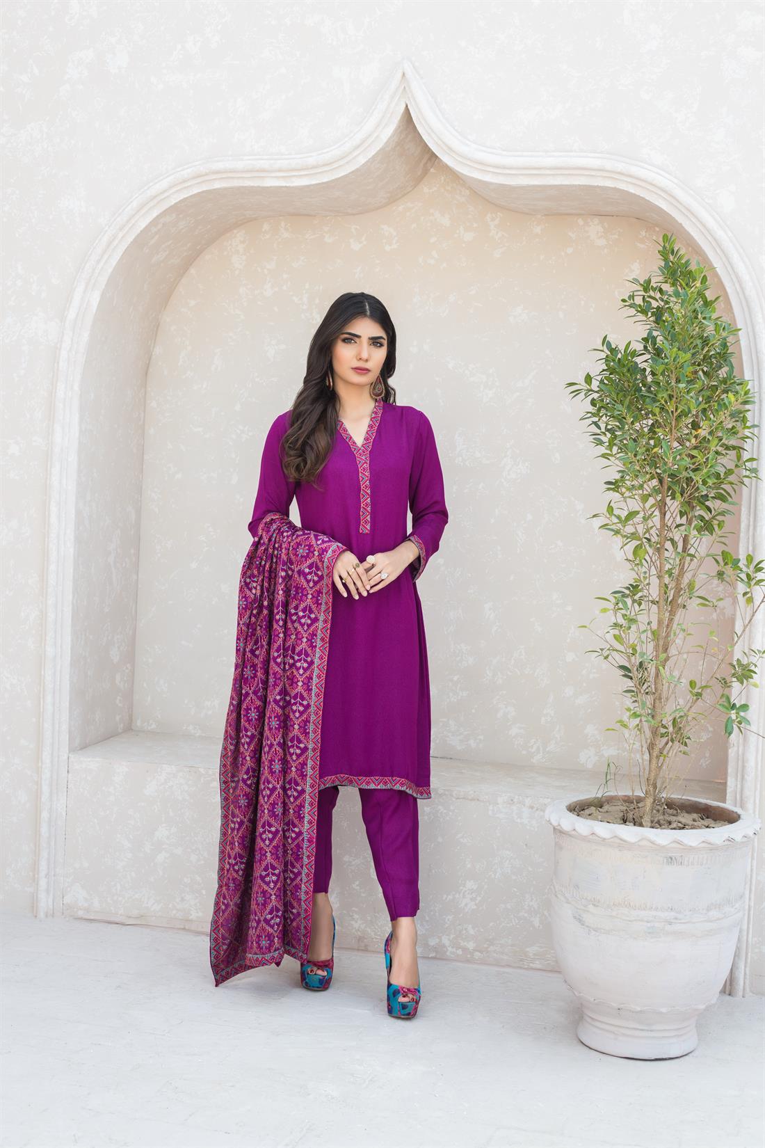 Purple Karandi 3 Piece Heavy Embroidered Kameez with Dupatta
