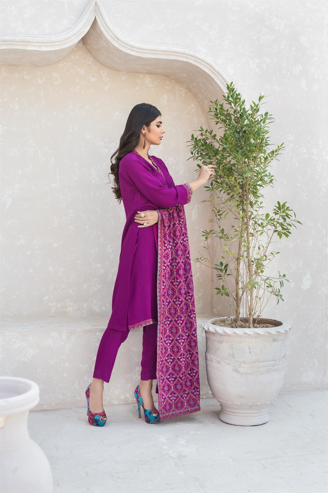 Purple Karandi 3 Piece Heavy Embroidered Kameez with Dupatta