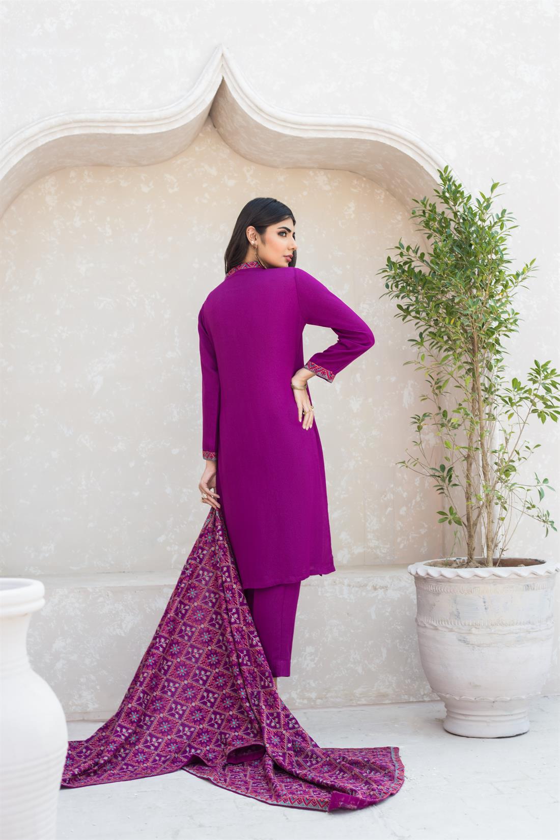 Purple Karandi 3 Piece Heavy Embroidered Kameez with Dupatta