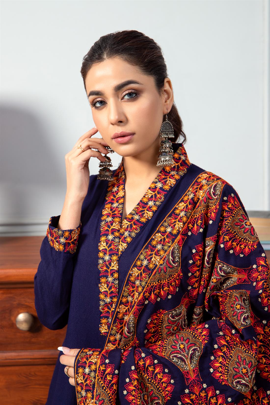 Navy Blue Karandi Maroon 3 Piece Heavy Embroidered Kameez with Dupatta