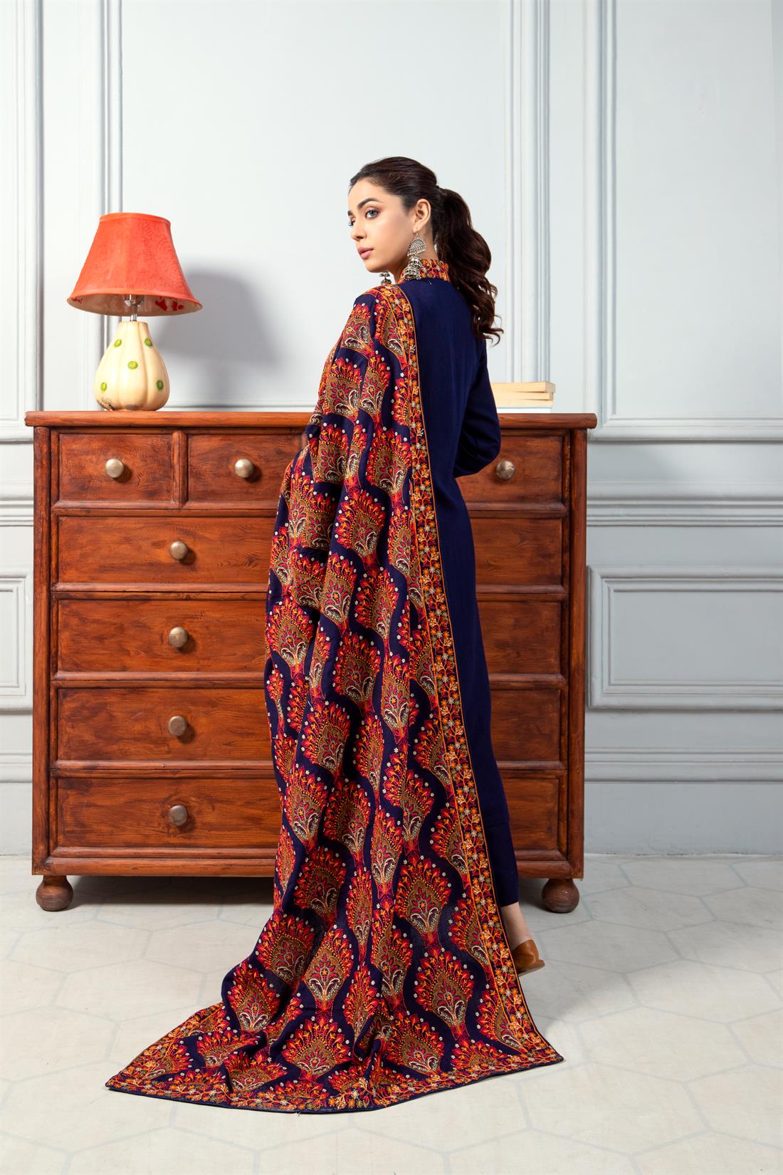 Navy Blue Karandi Maroon 3 Piece Heavy Embroidered Kameez with Dupatta