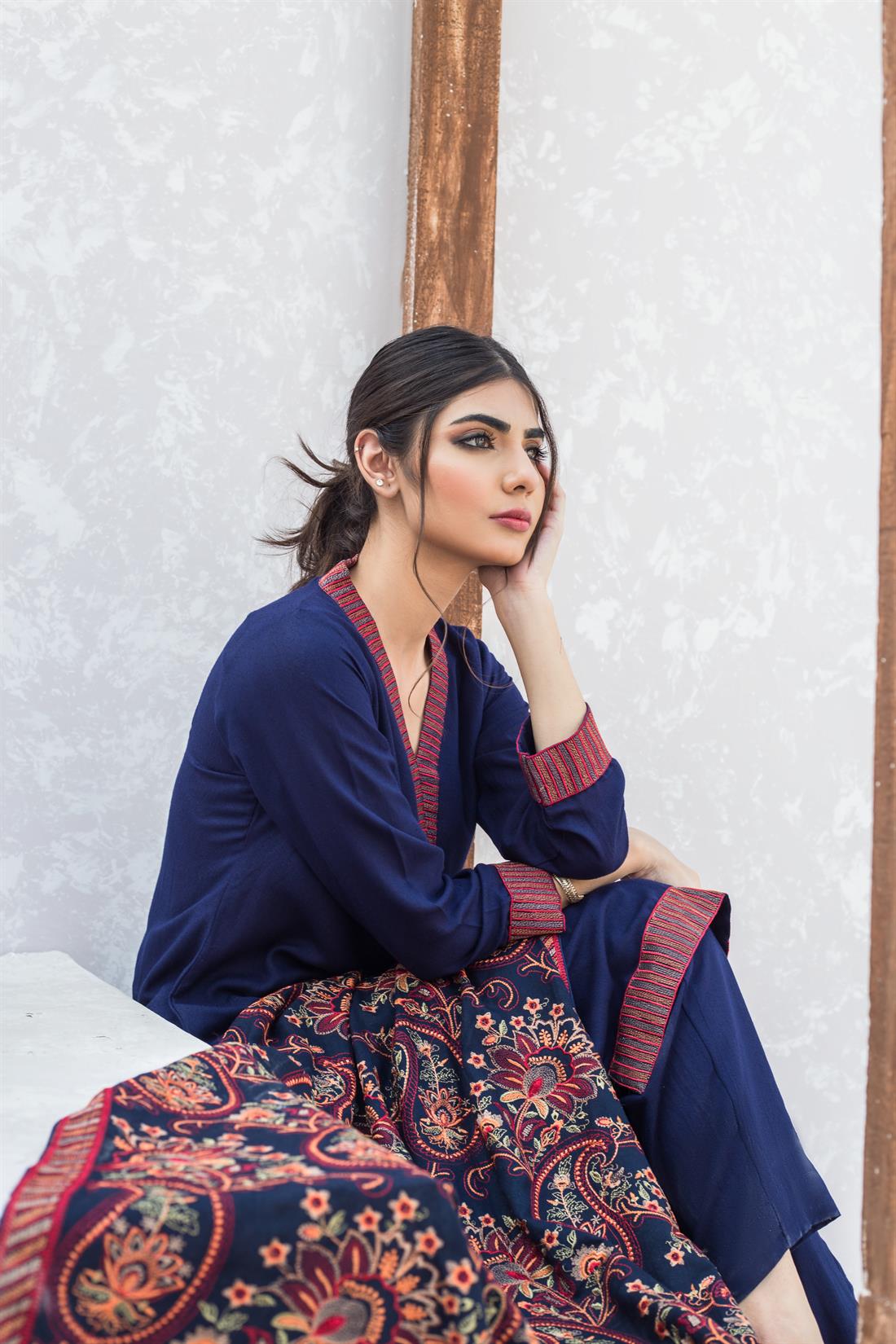 Navy Blue Karandi Pale Peach 3 Piece Embroidered Kameez with Dupatta