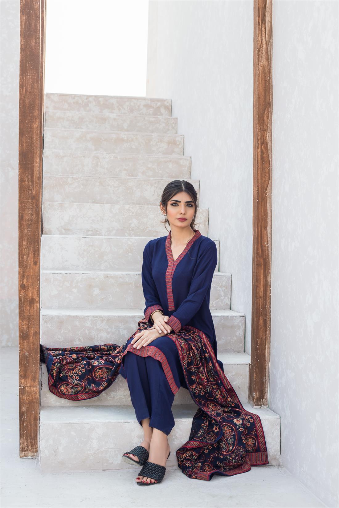 Navy Blue Karandi Pale Peach 3 Piece Embroidered Kameez with Dupatta
