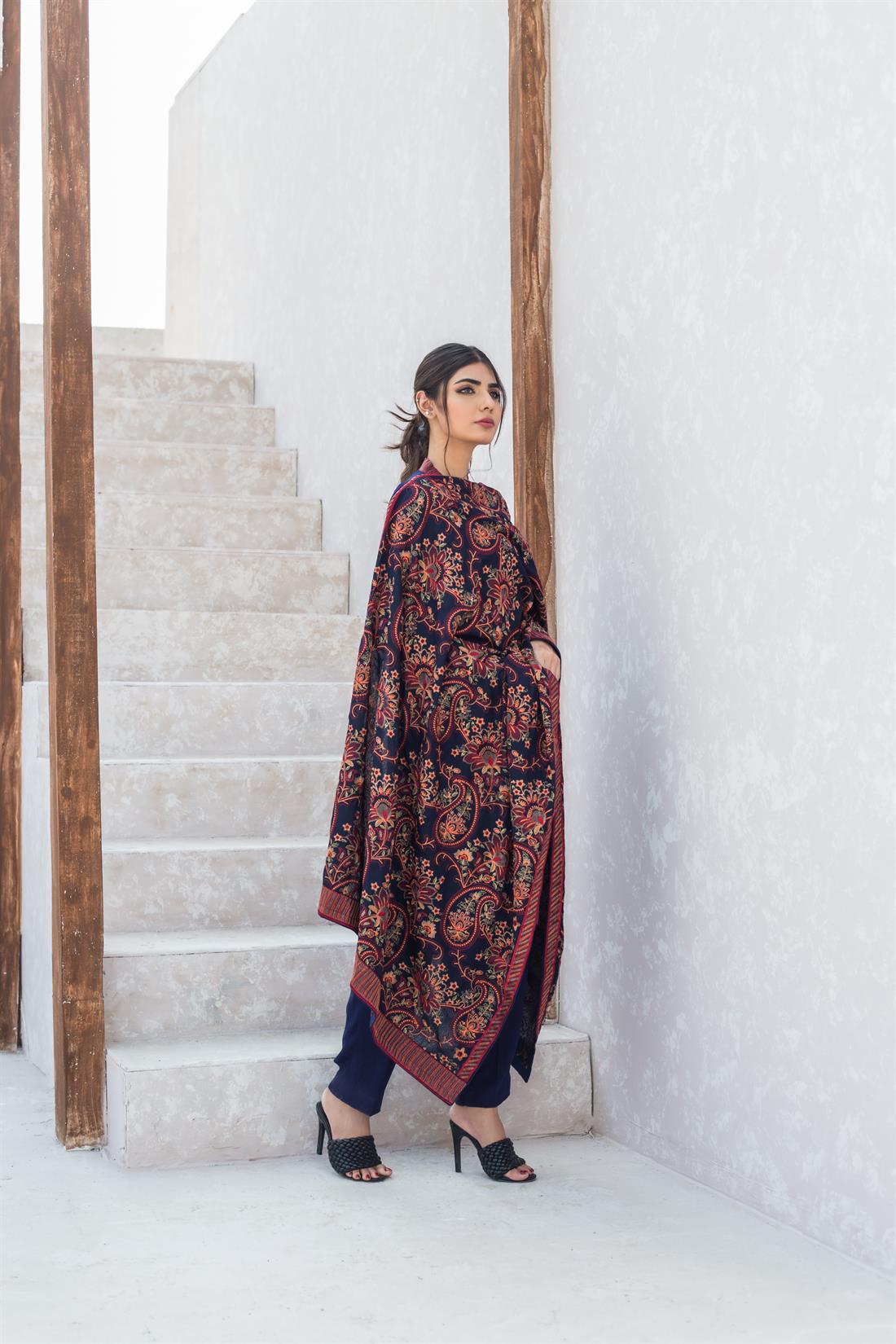 Navy Blue Karandi Pale Peach 3 Piece Embroidered Kameez with Dupatta