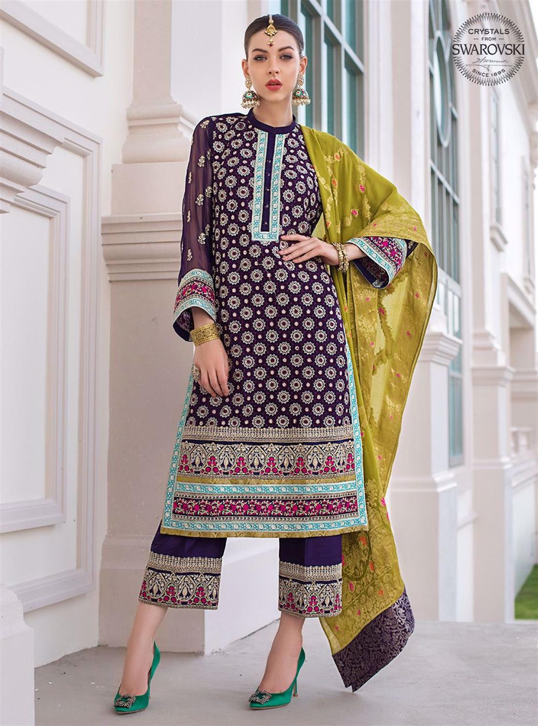 Purple Embroidered Readymade Chiffon Salwar Suit