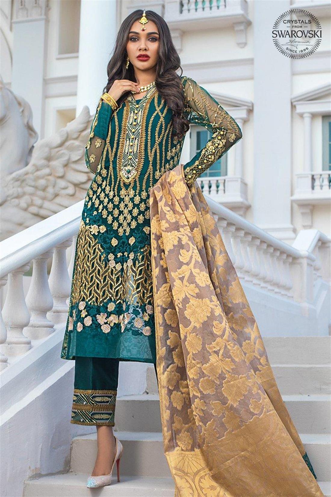 Dark Green Embroidered Organza Ladies Readymade