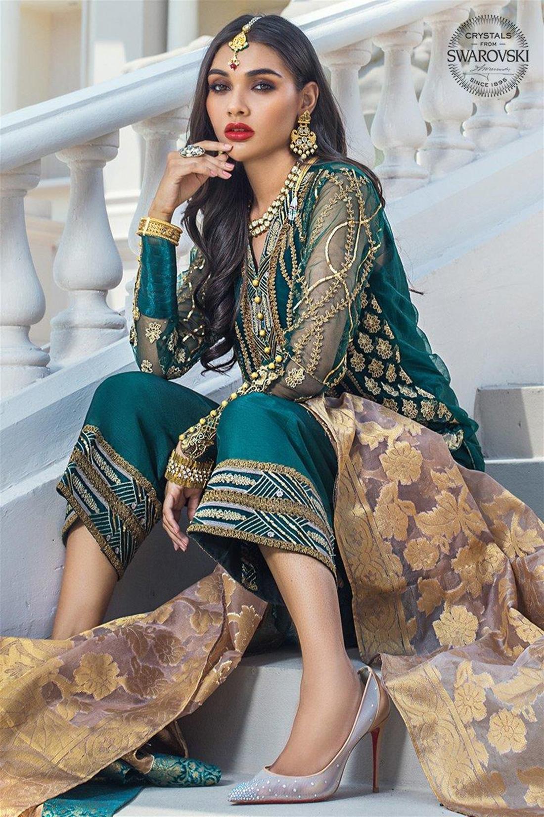 Dark Green Embroidered Organza Ladies Readymade