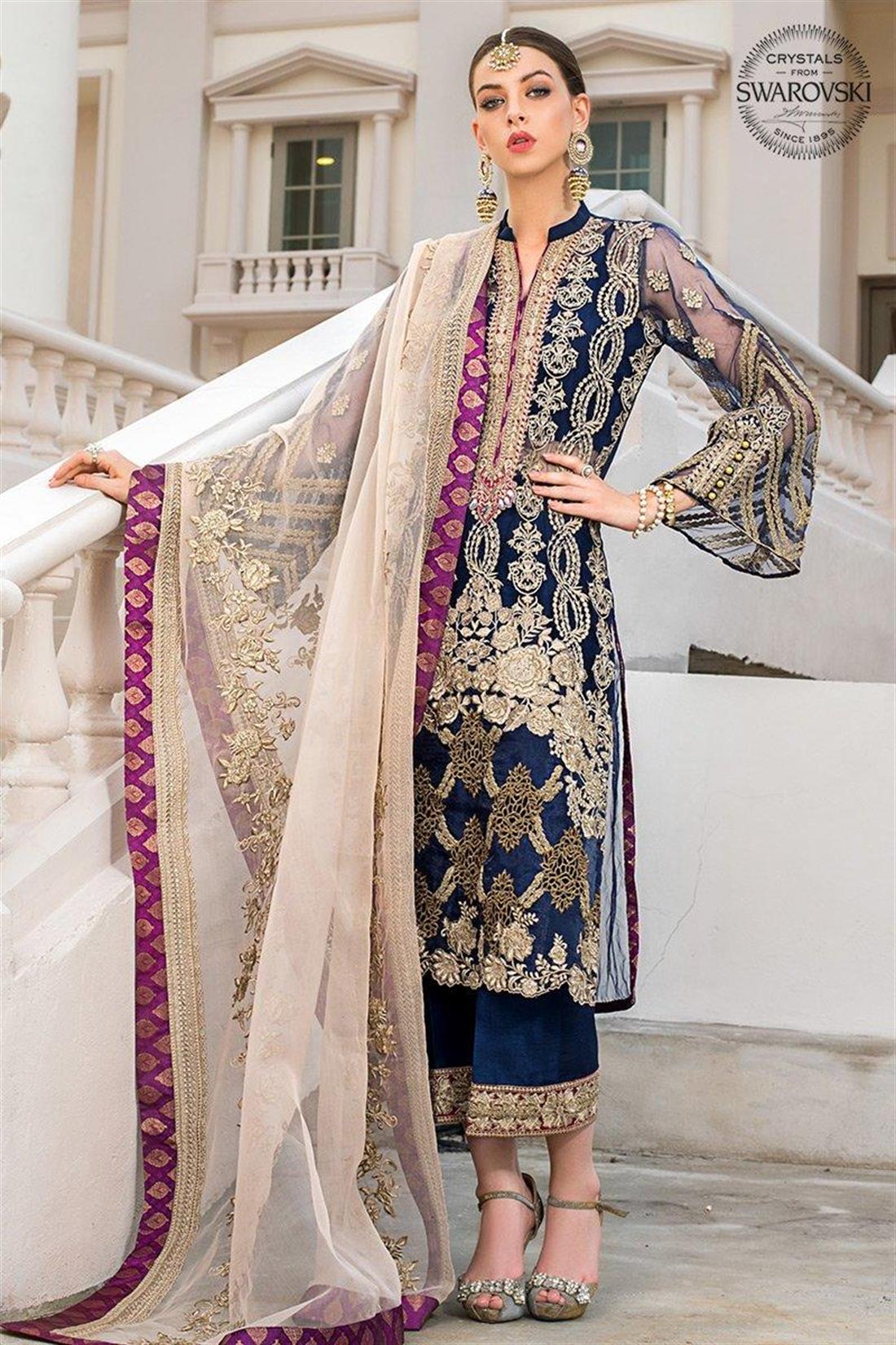 Navy Blue Embroidered Organza Ladies Readymade