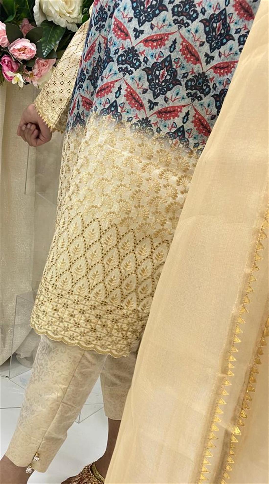 Navy & Beige Embroidered Organza 3 Piece Navy/Beige Ladies Readymade Silk Salwar Suit