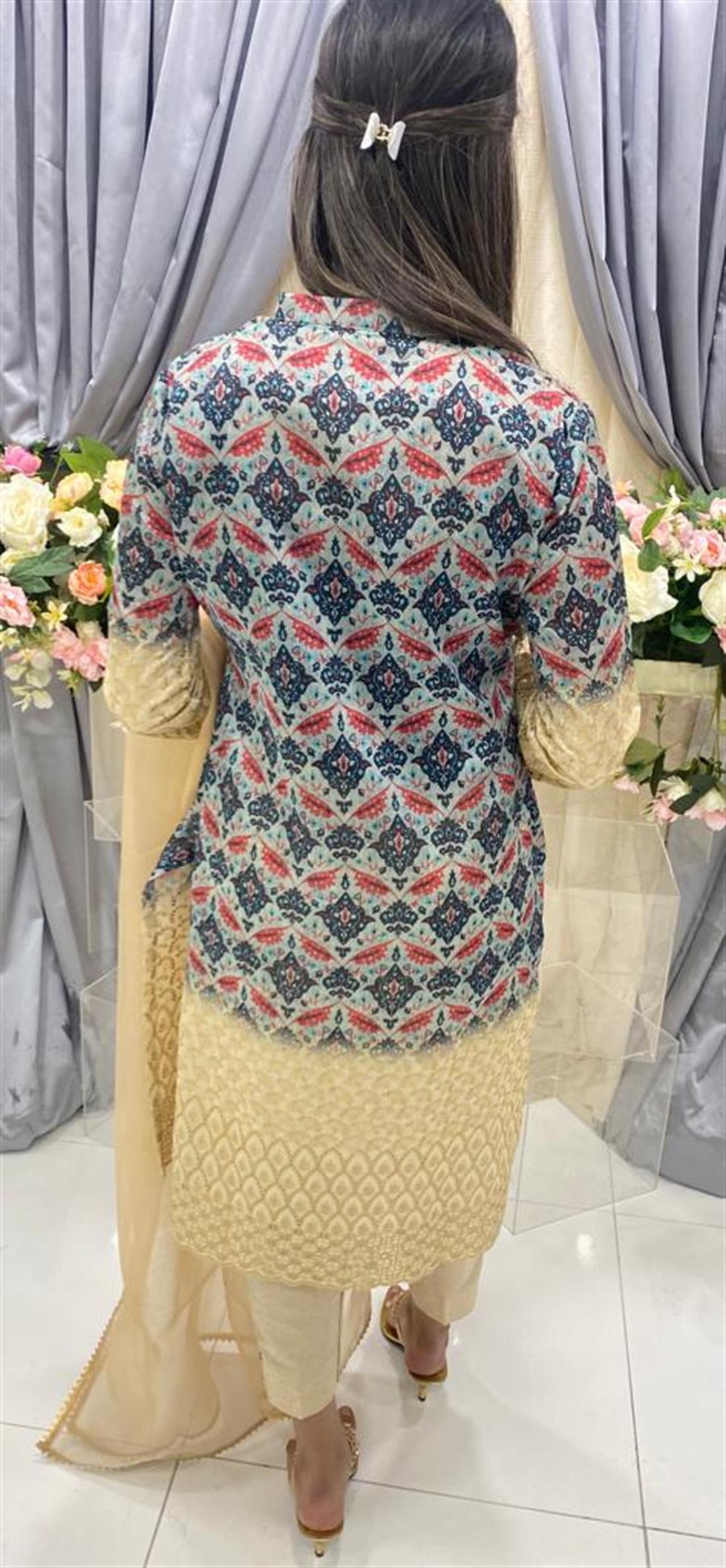 Navy & Beige Embroidered Organza 3 Piece Navy/Beige Ladies Readymade Silk Salwar Suit