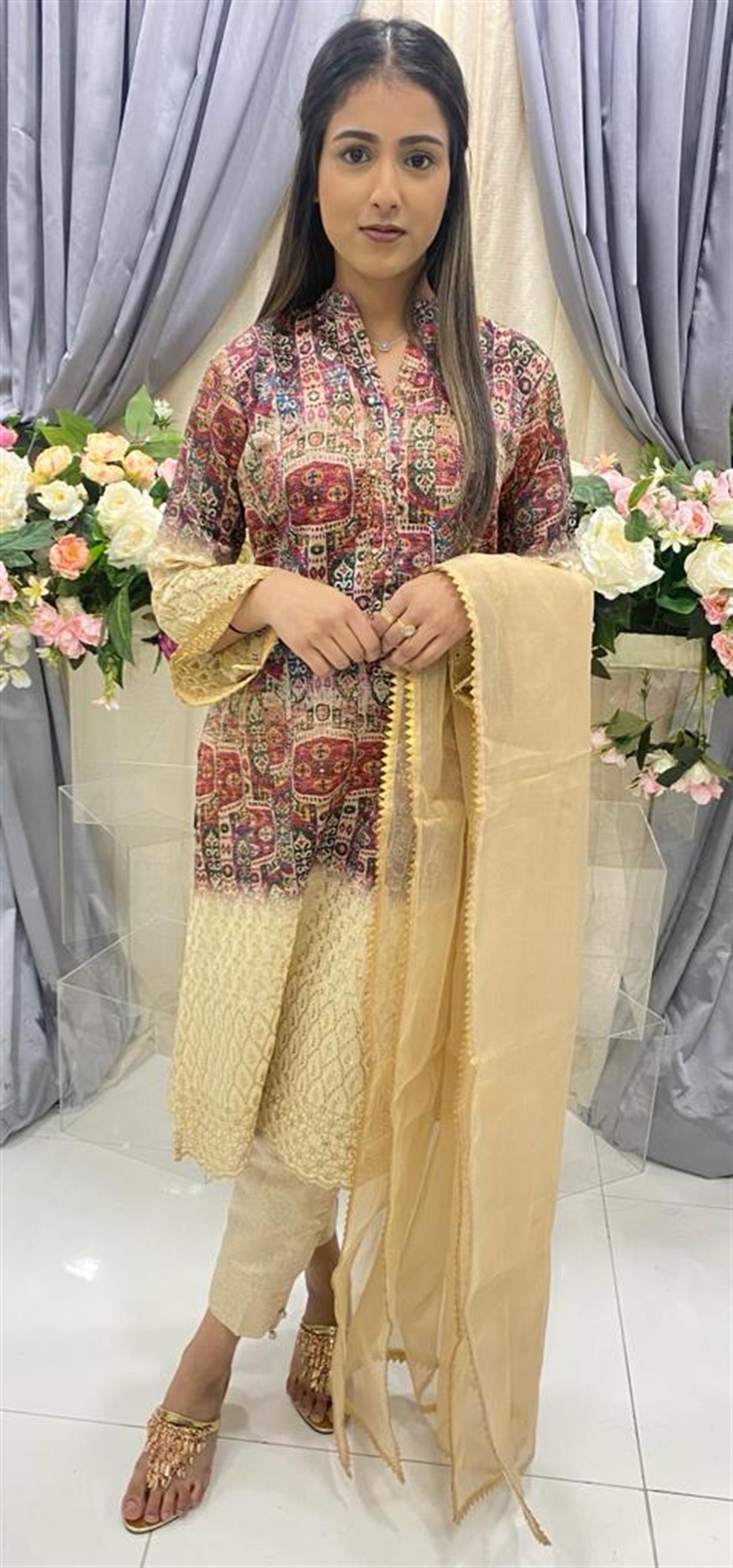 Beige & Multicolour Embroidered Organza Beige/Multicolour 3 Piece Ladies Readymade Silk Salwar Suit