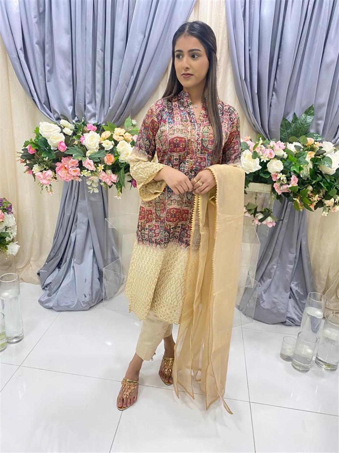 Beige & Multicolour Embroidered Organza Beige/Multicolour 3 Piece Ladies Readymade Silk Salwar Suit