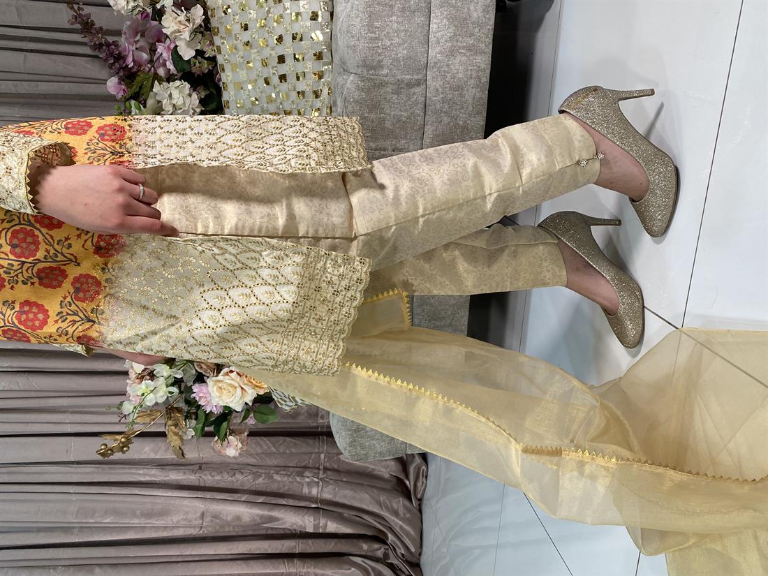 Yellow & Beige Embroidered Organza Ladies Readymade