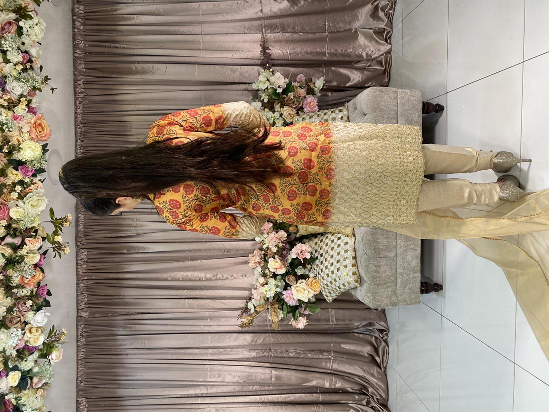 Yellow & Beige Embroidered Organza Ladies Readymade