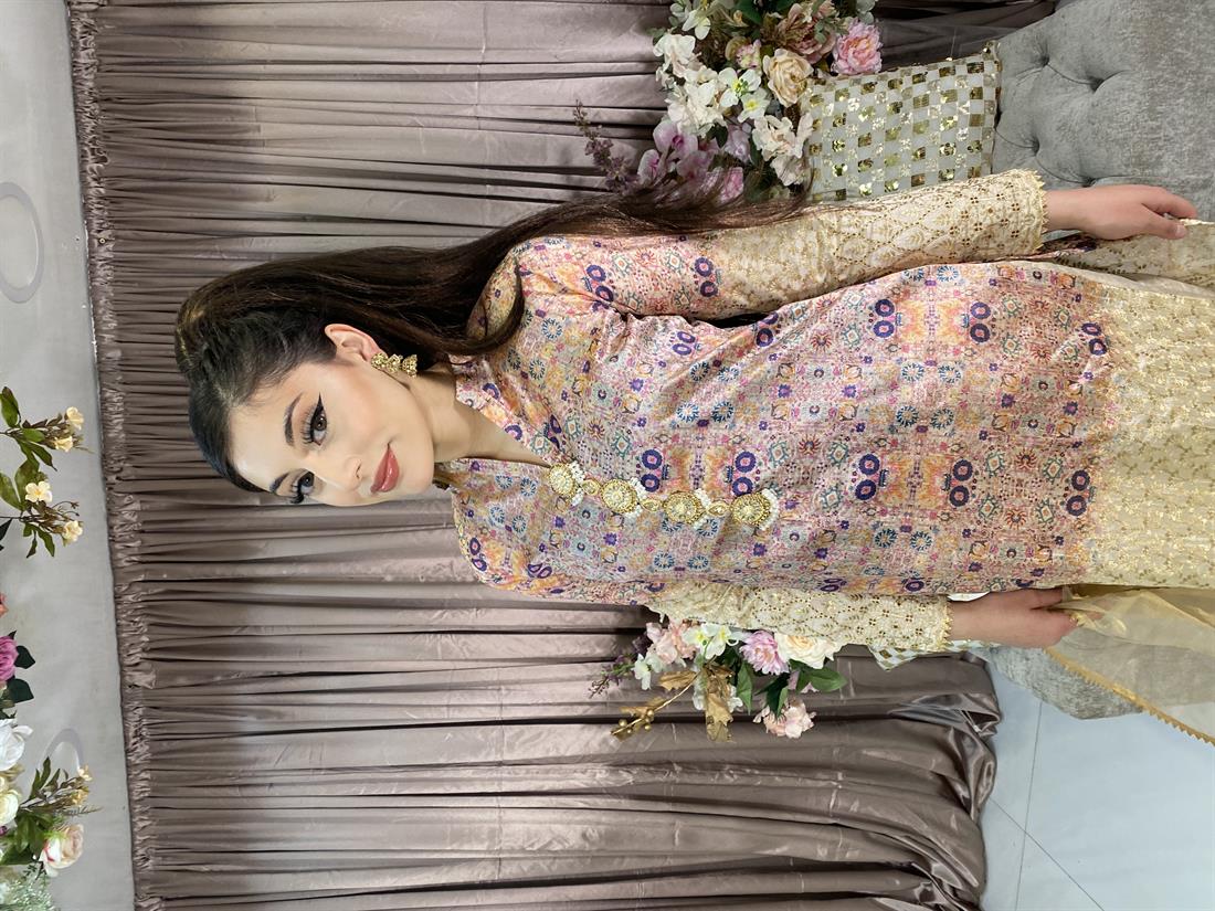 Beige Embroidered Organza Ladies Readymade