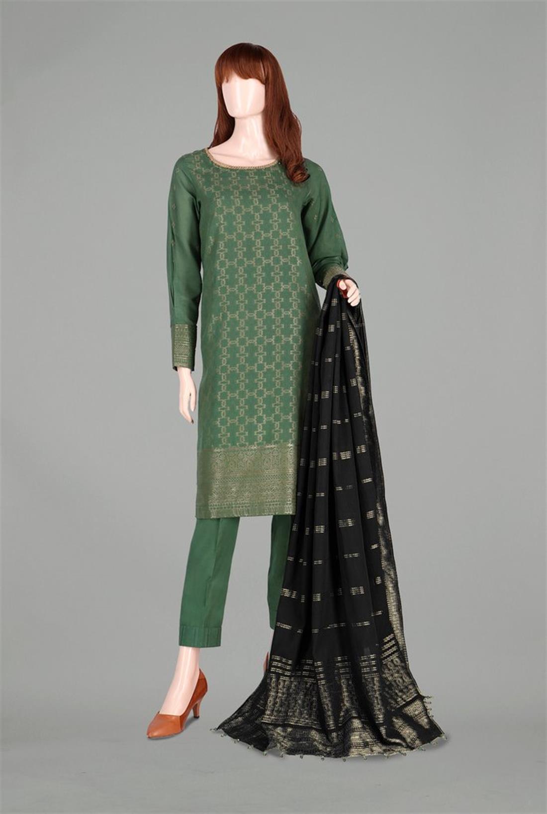 Green & Black Green/Black 3 Piece Ladies Readymade Jacquard Lawn