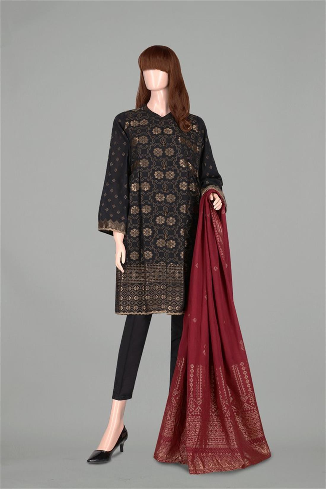 Black & Maroon Black/Maroon 3 Piece Ladies Readymade Jacquard Lawn
