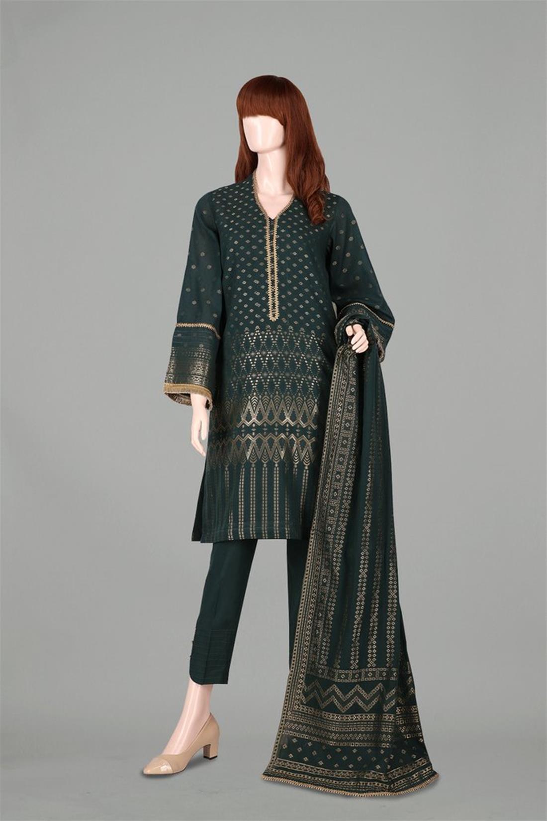 Dark Green 3 Piece Ladies Readymade Jacquard Lawn