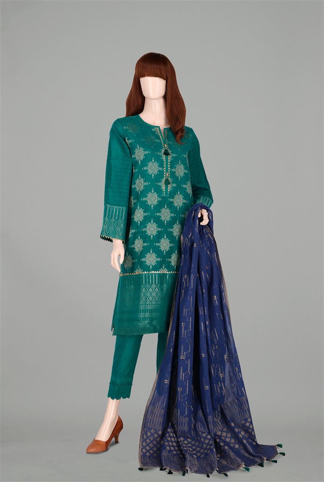 Turquise & Royal Blue Turquoise/Royal 3 Piece Readymade Jacquard Lawn