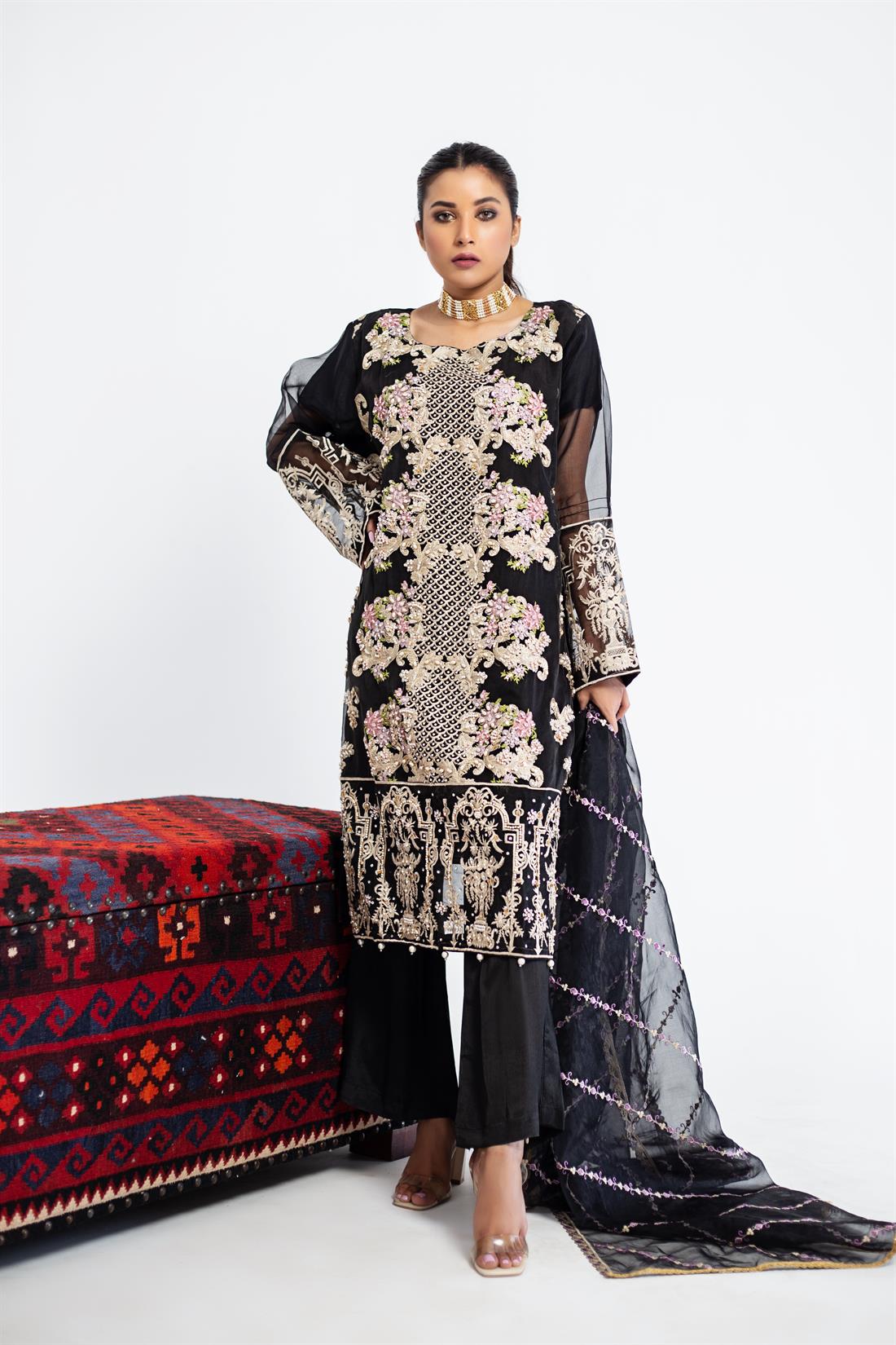 Black Organza Embroidered Salwar Kameez & Dupatta