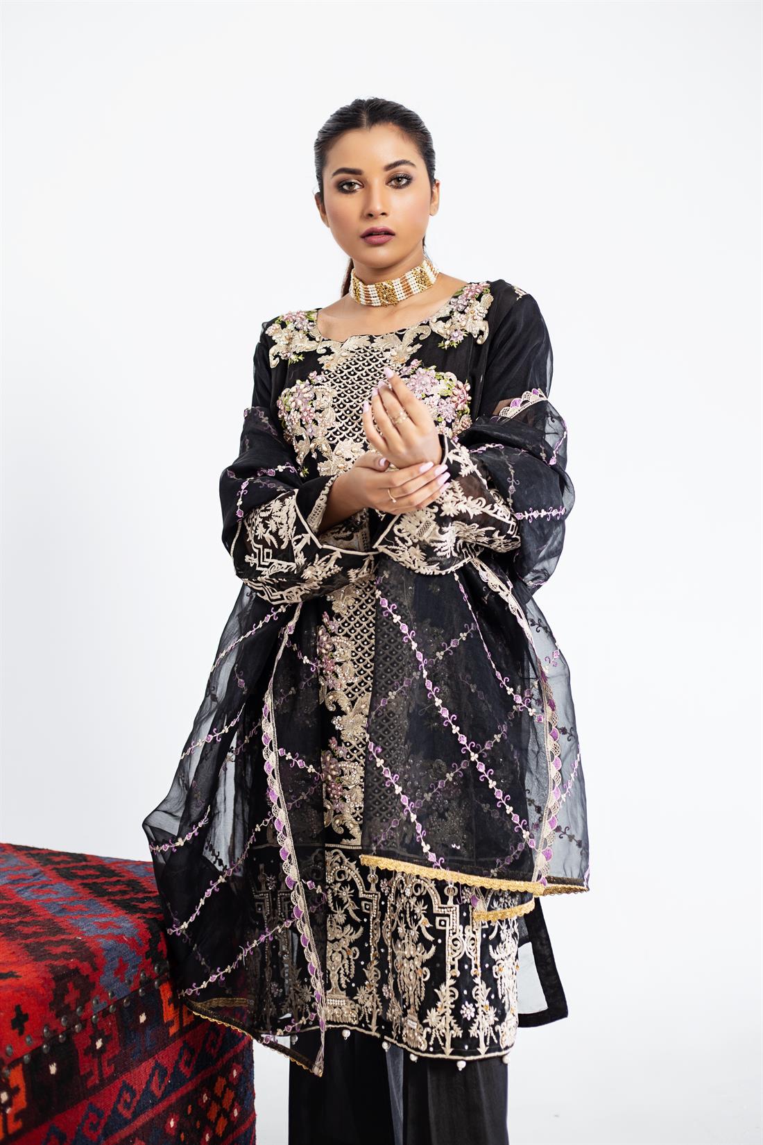 Black Organza Embroidered Salwar Kameez & Dupatta