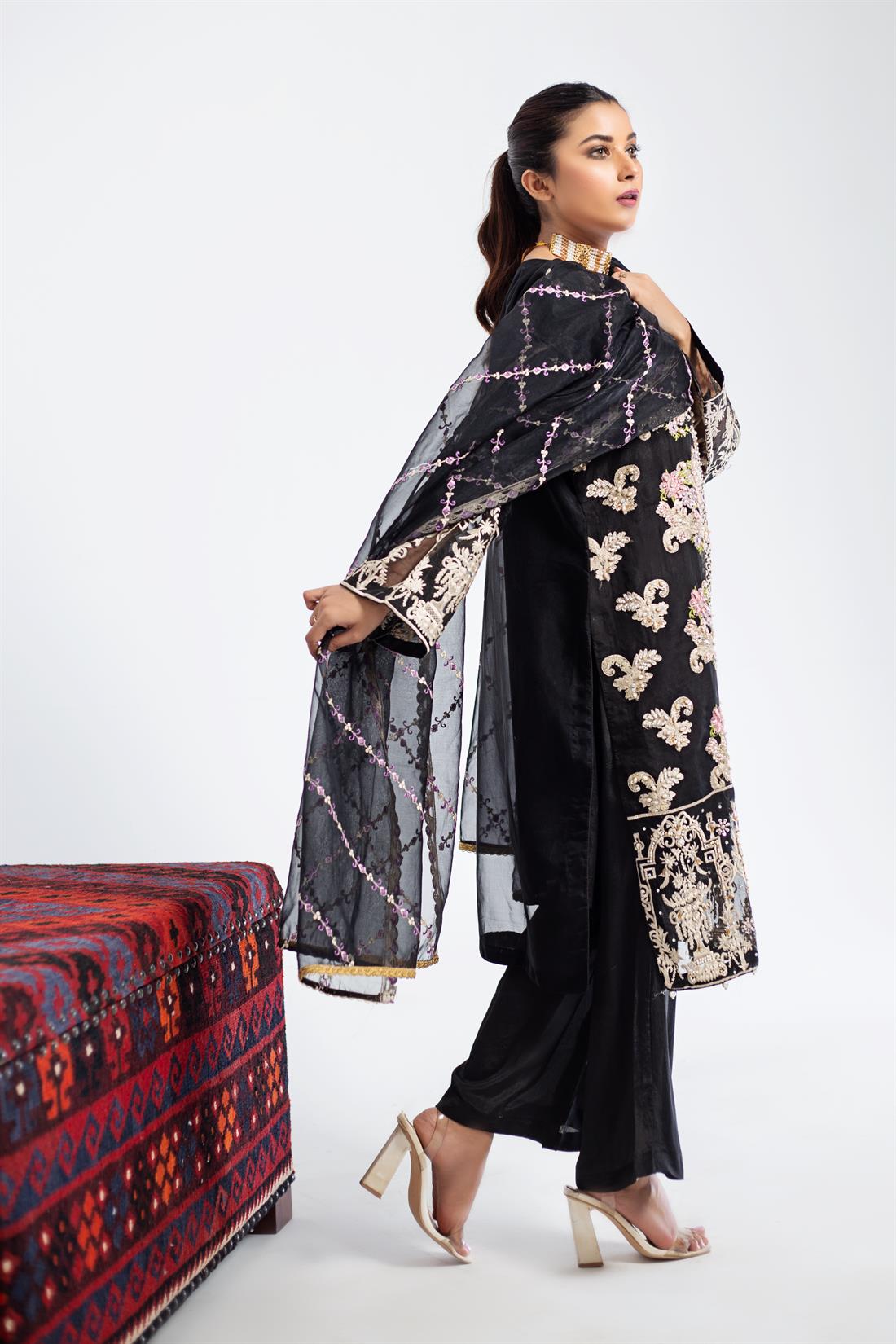 Black Organza Embroidered Salwar Kameez & Dupatta