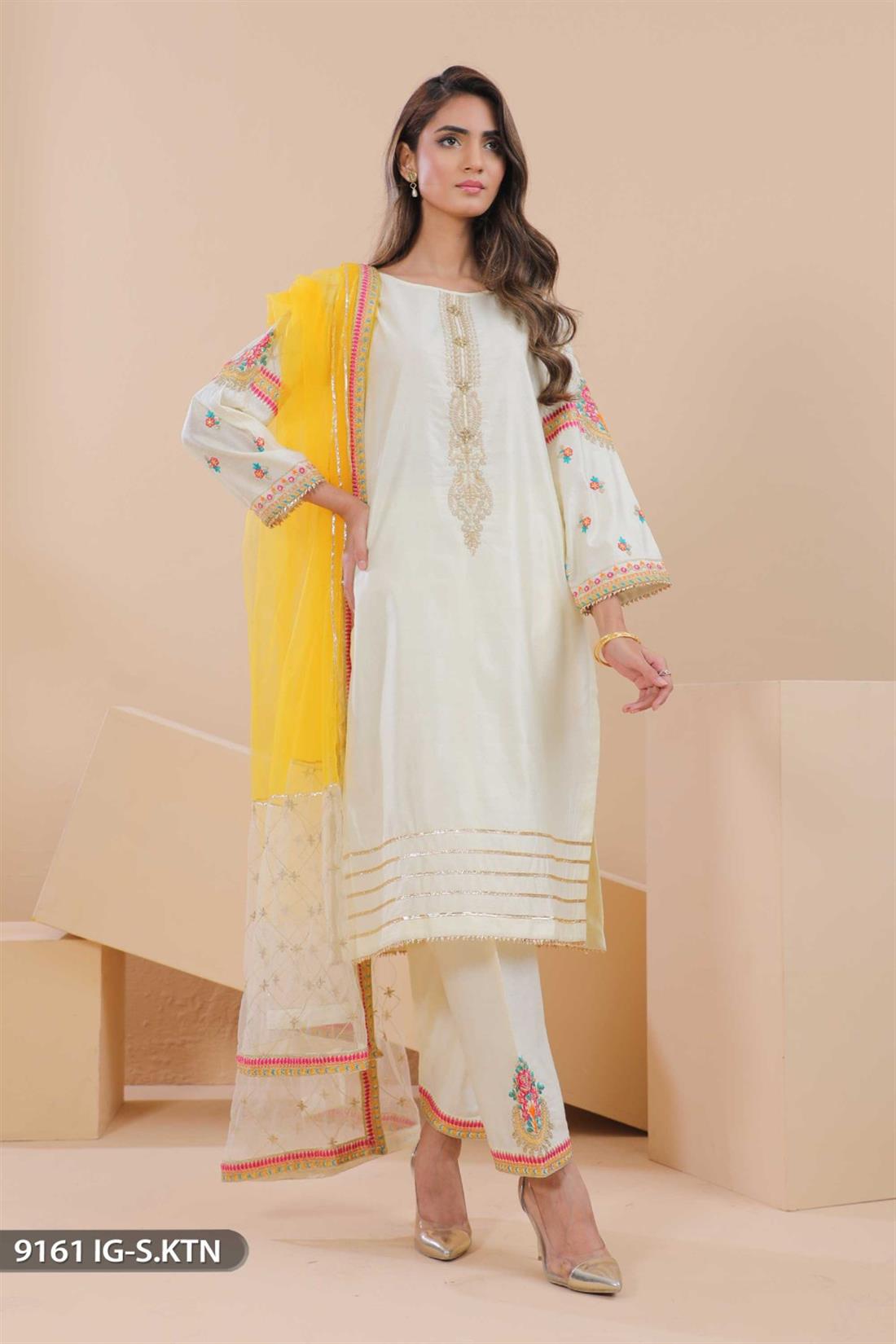 Cream Embroidered Net Ladies Readymade
