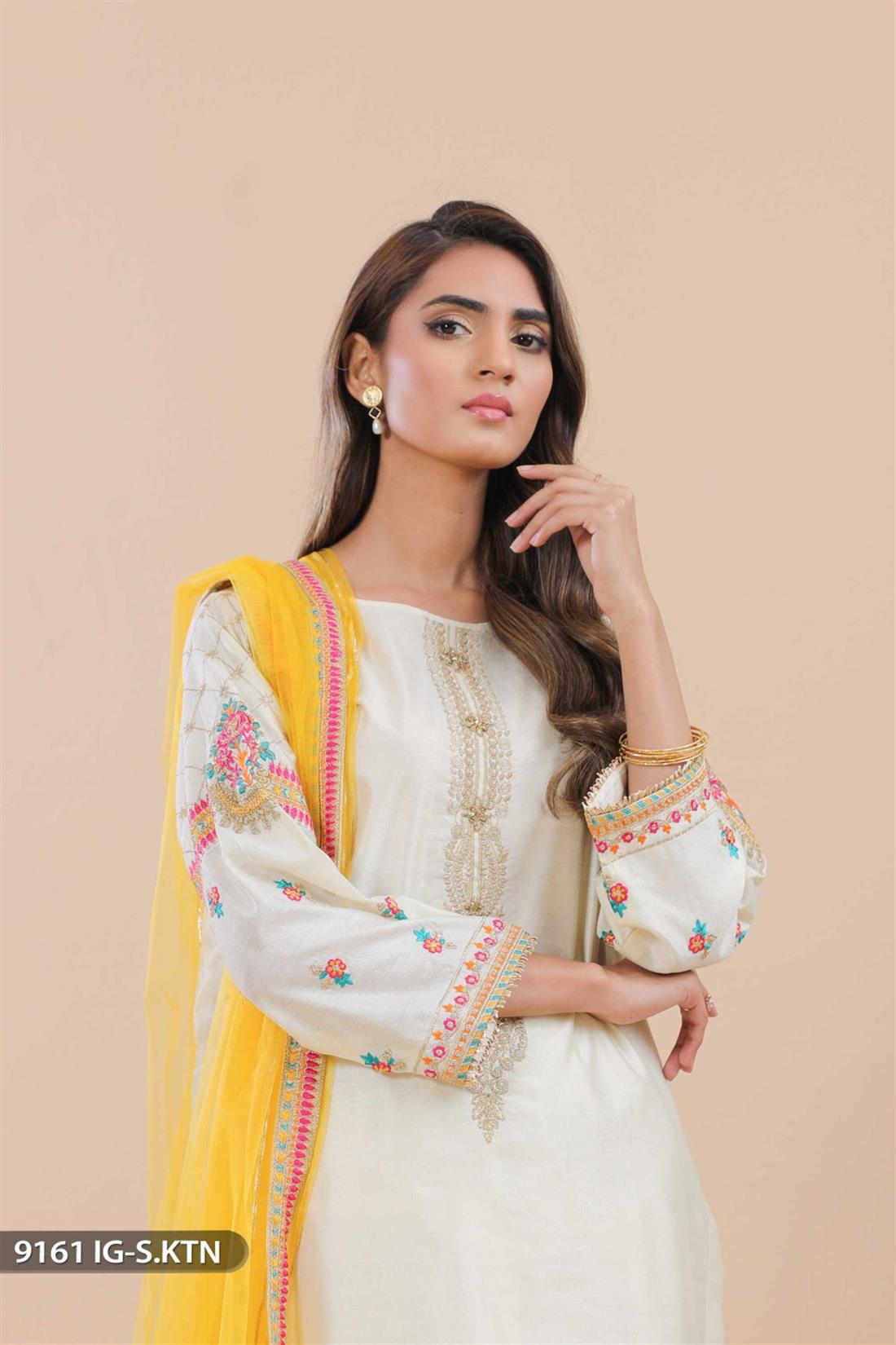 Cream Embroidered Net Ladies Readymade