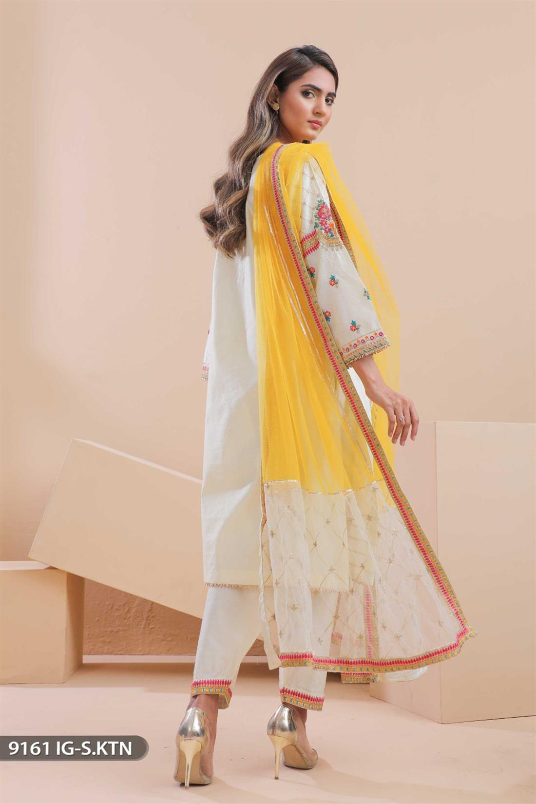 Cream Embroidered Net Ladies Readymade