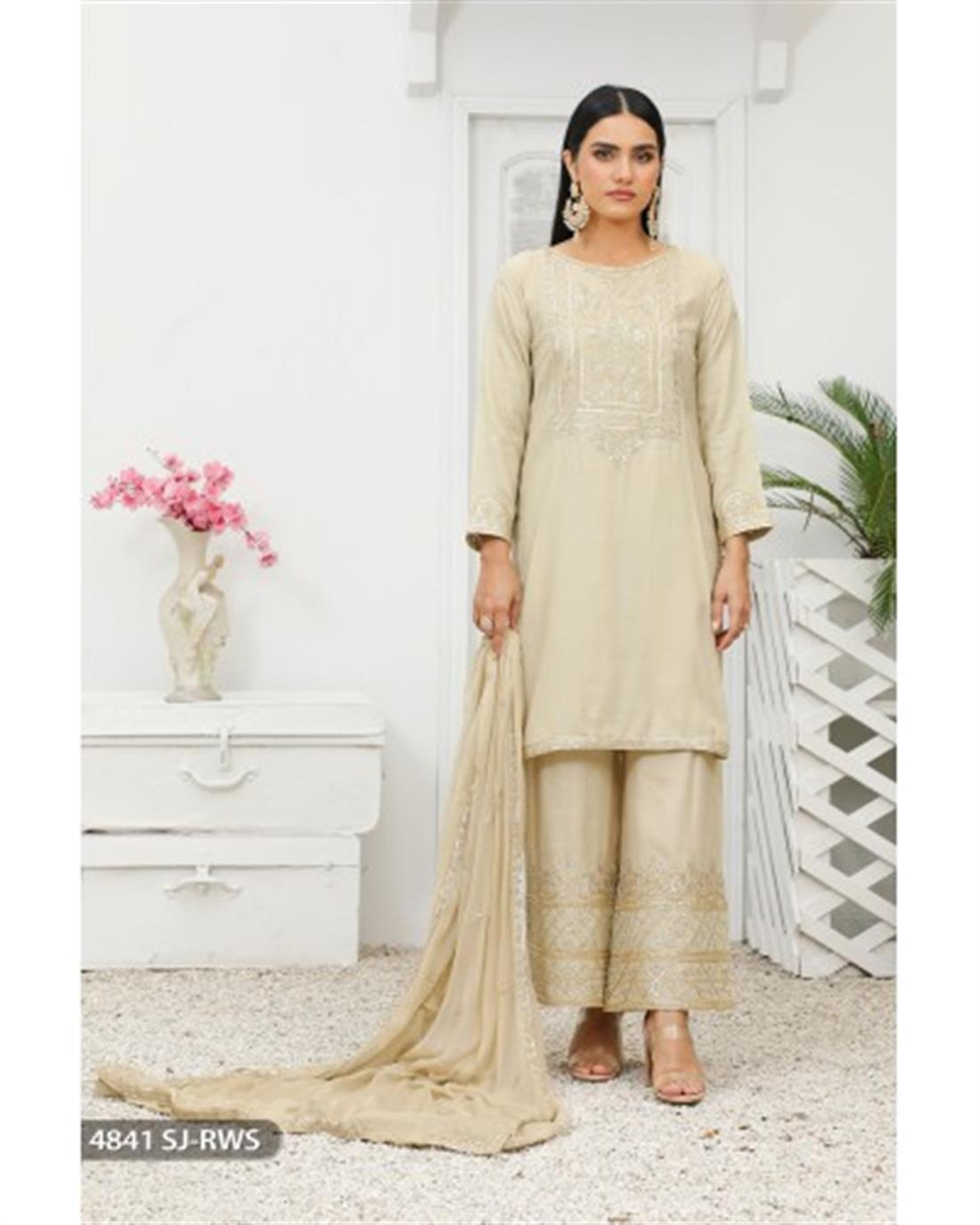 Skin Embroidered Raw Silk Ladies Readymade